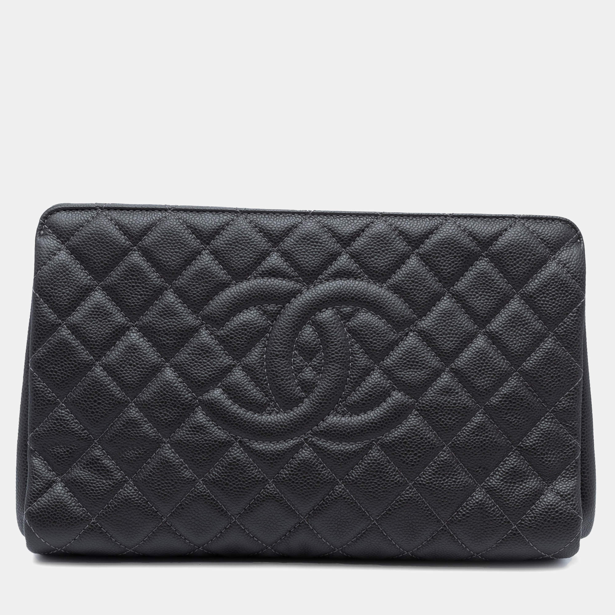Pre Owned Chanel Black Large CC Quilted Caviar CC Clutch