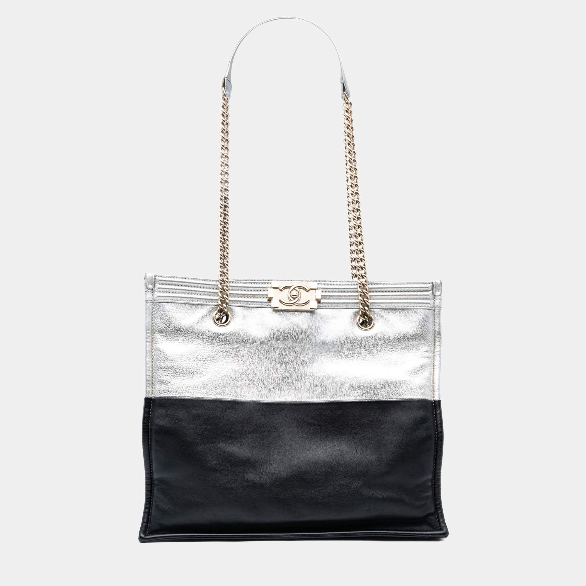 Pre Owned Chanel Black/Silver Large Bicolor Metallic Goatskin and Calfskin Boy Tote