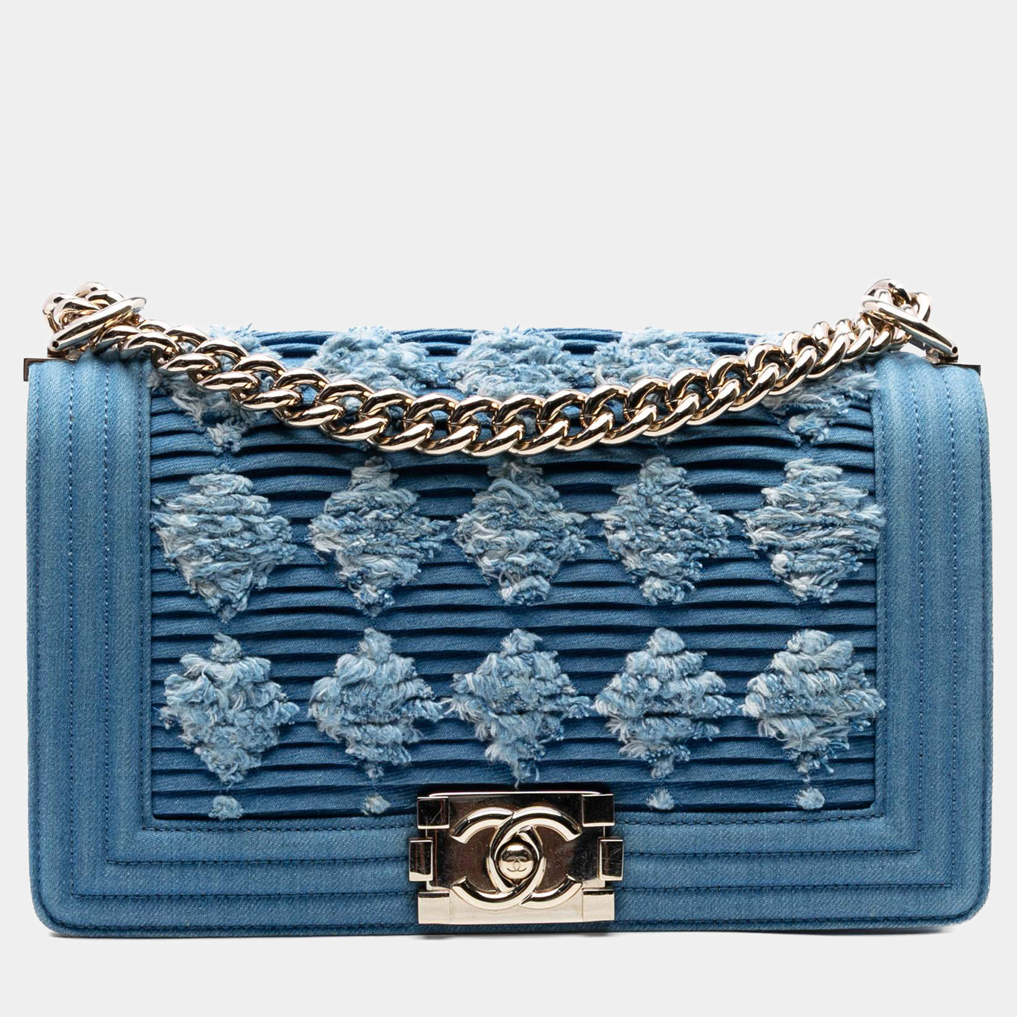Pre Owned Chanel Blue Old Medium Pleated Denim Boy Flap