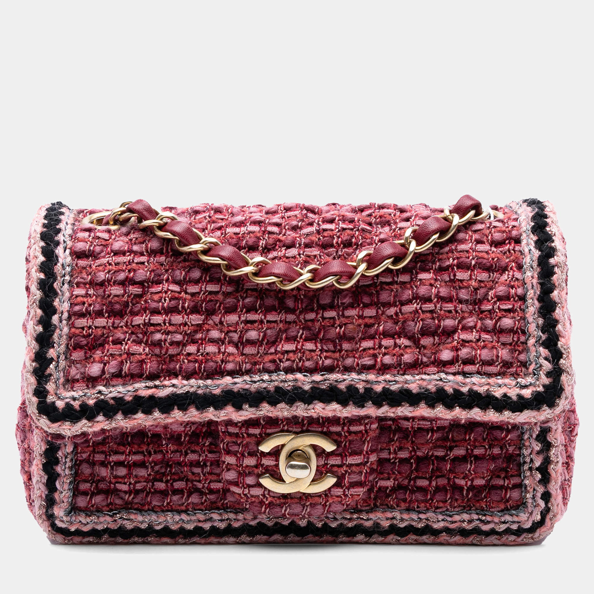 Pre Owned Chanel Red Mini Braided Classic Tweed Single Flap