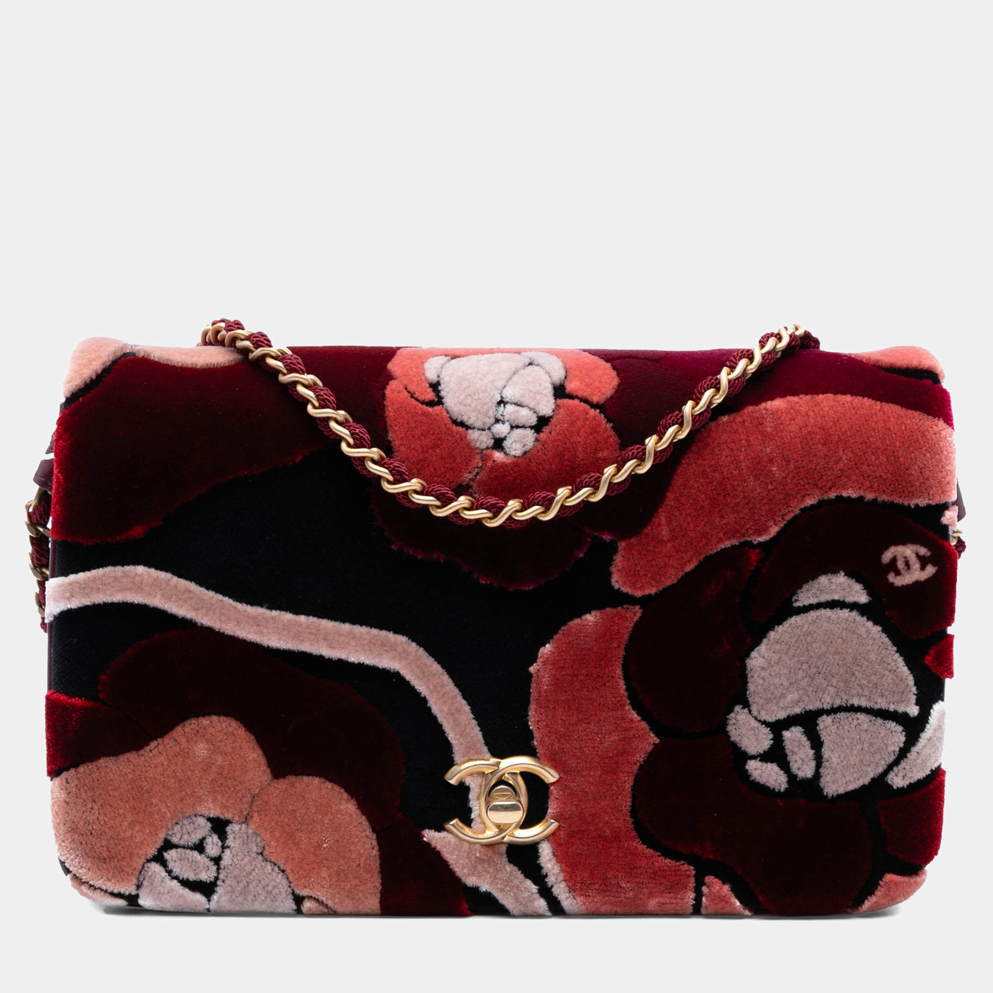 Pre Owned Chanel Red Paris Cosmopolite Velvet Camellia Flap