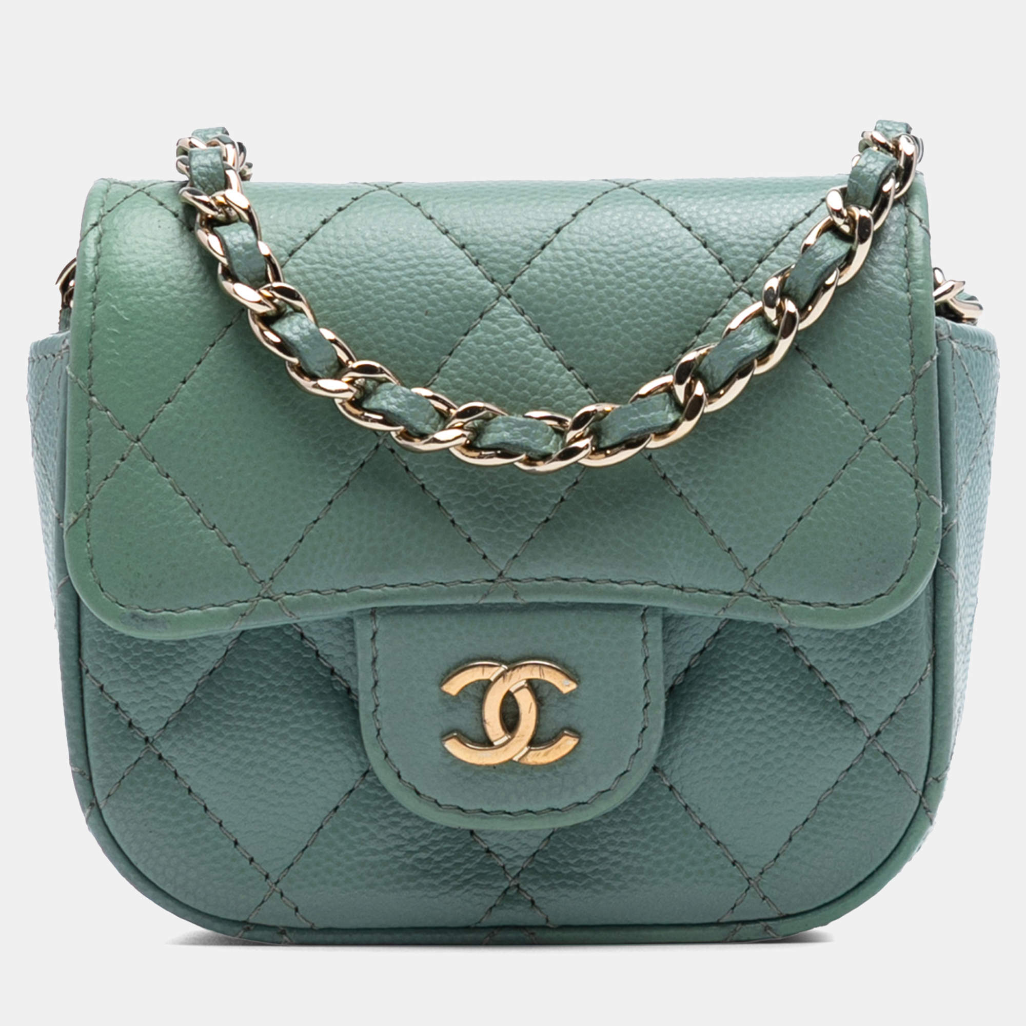 Pre Owned Chanel Green Micro Mini Classic Caviar Single Flap