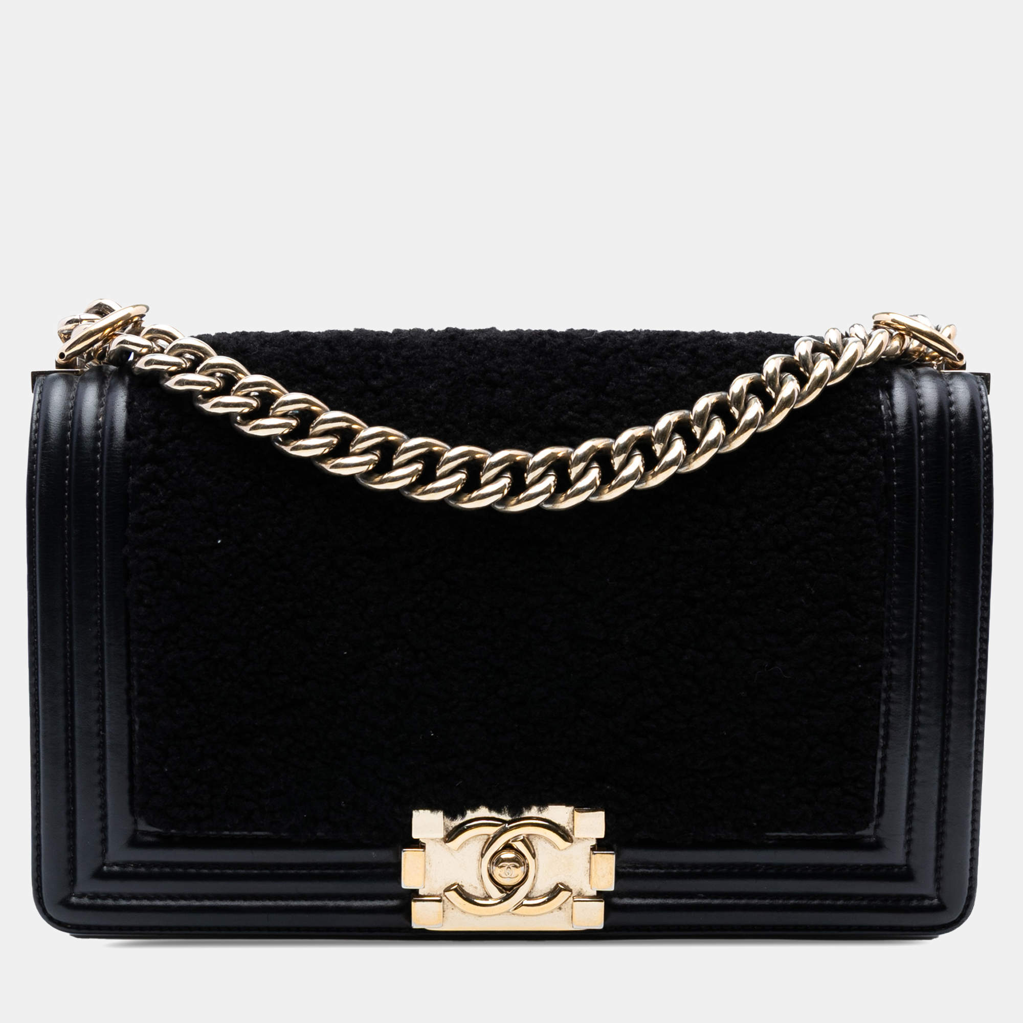 Pre Owned Chanel Black Old Medium Shearling Boy Flap