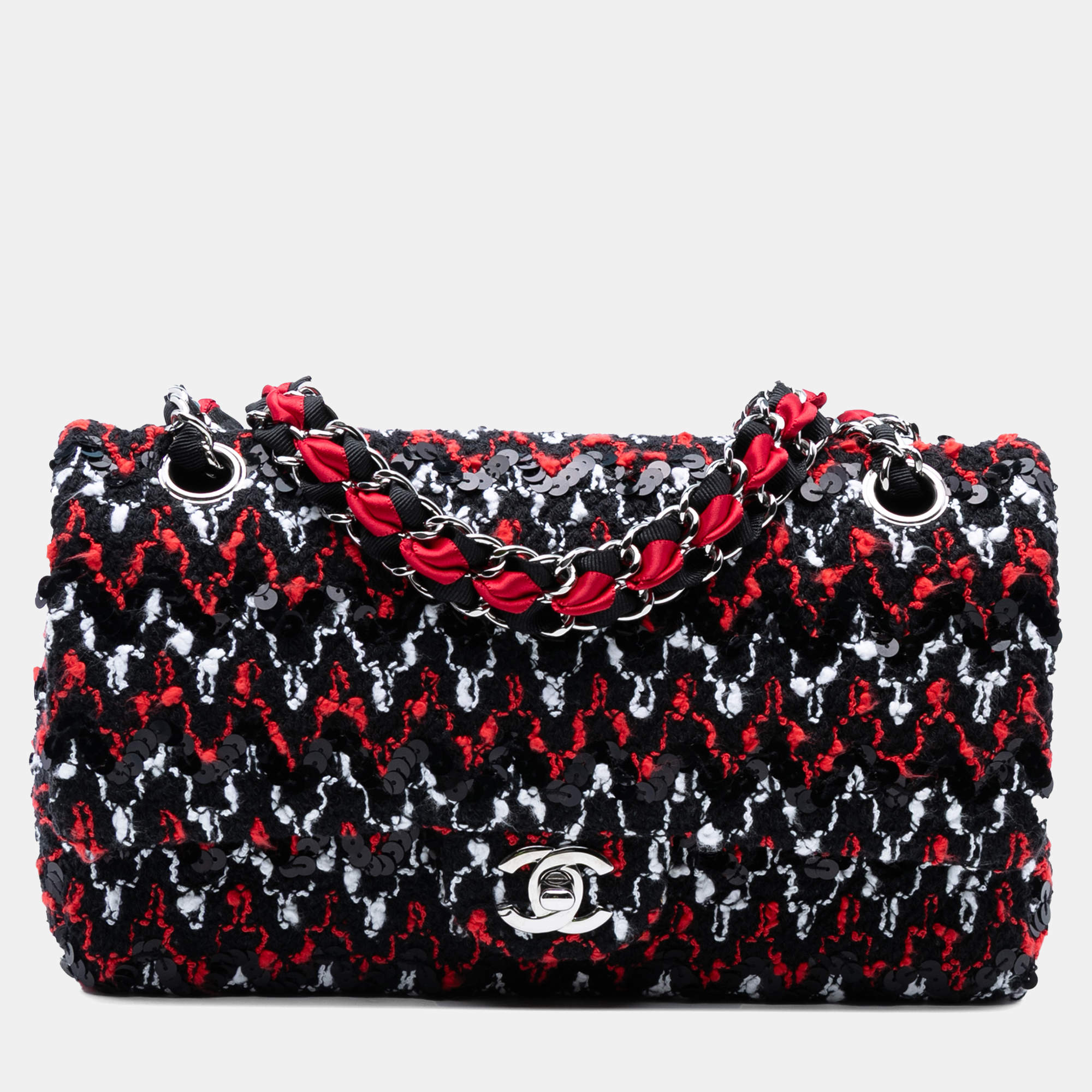 Pre Owned Chanel Black Red Medium Classic Sequined Tweed Double Flap