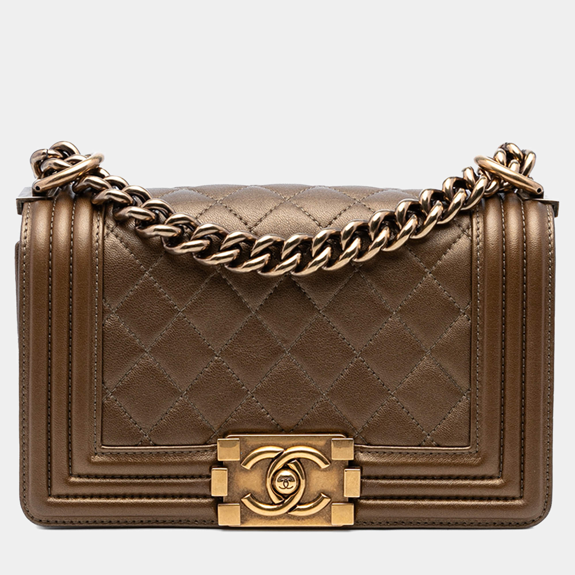 Pre Owned Chanel Brown Small Quilted Metallic Calfskin Boy Flap