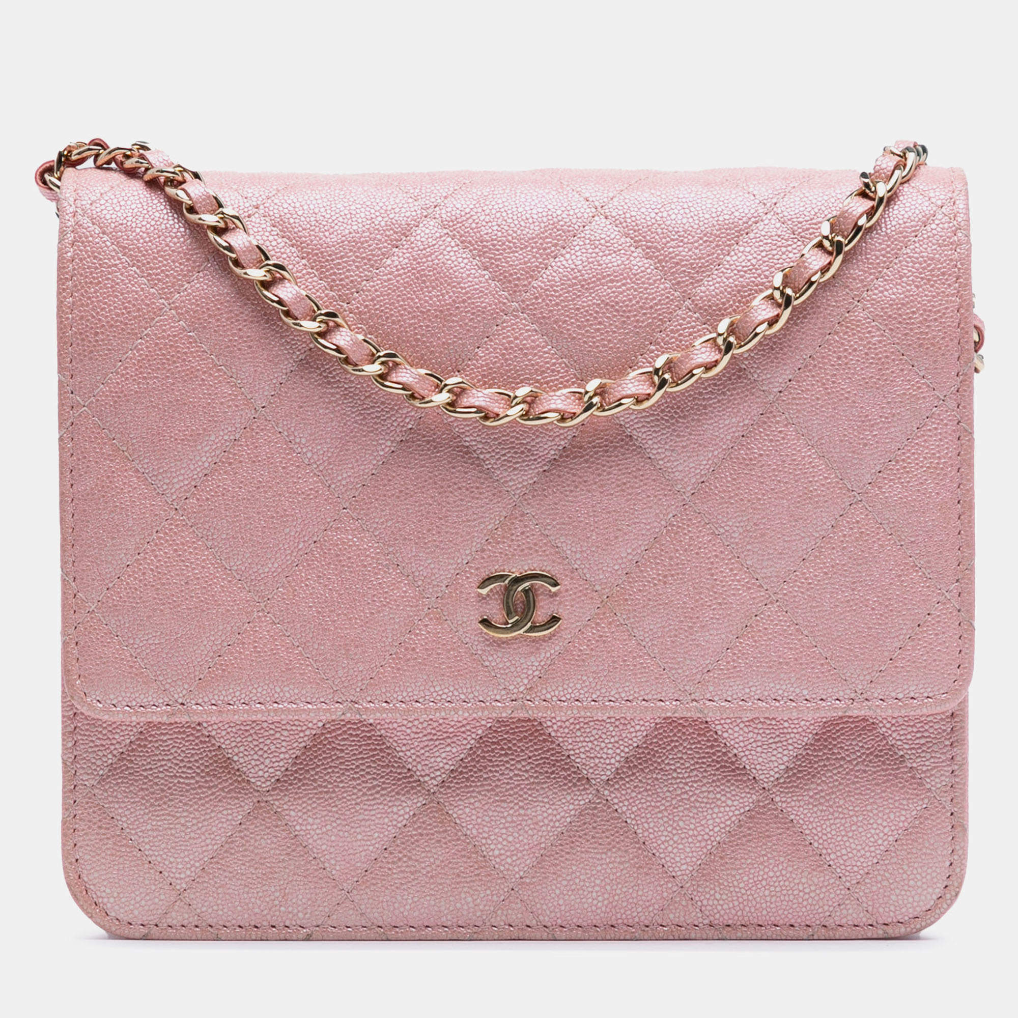 Pre Owned Chanel Pink CC Quilted Iridescent Caviar Wallet on Chain