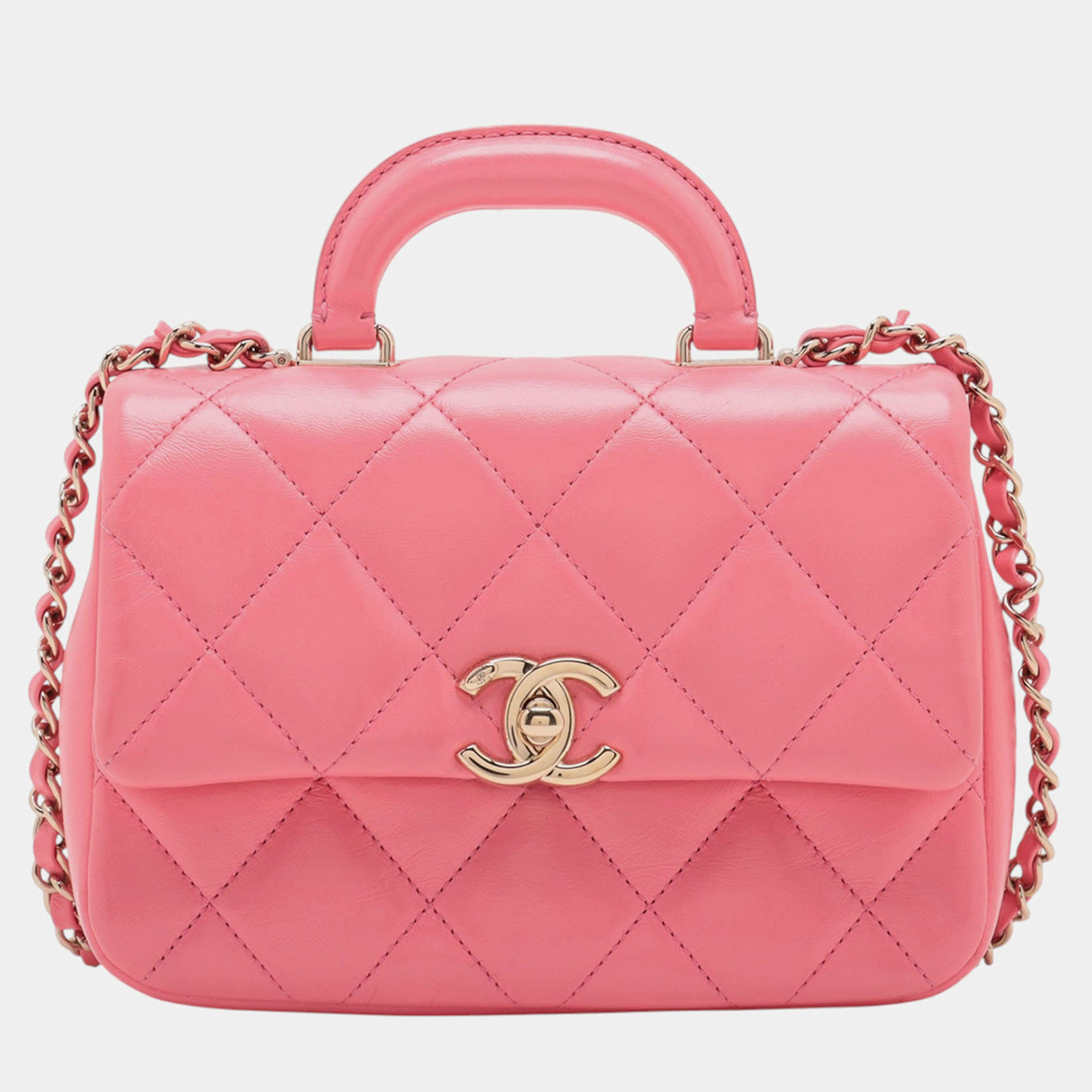 Pre Owned Chanel Pink Mini Quilted Shiny Lambskin Coco Trip Flap