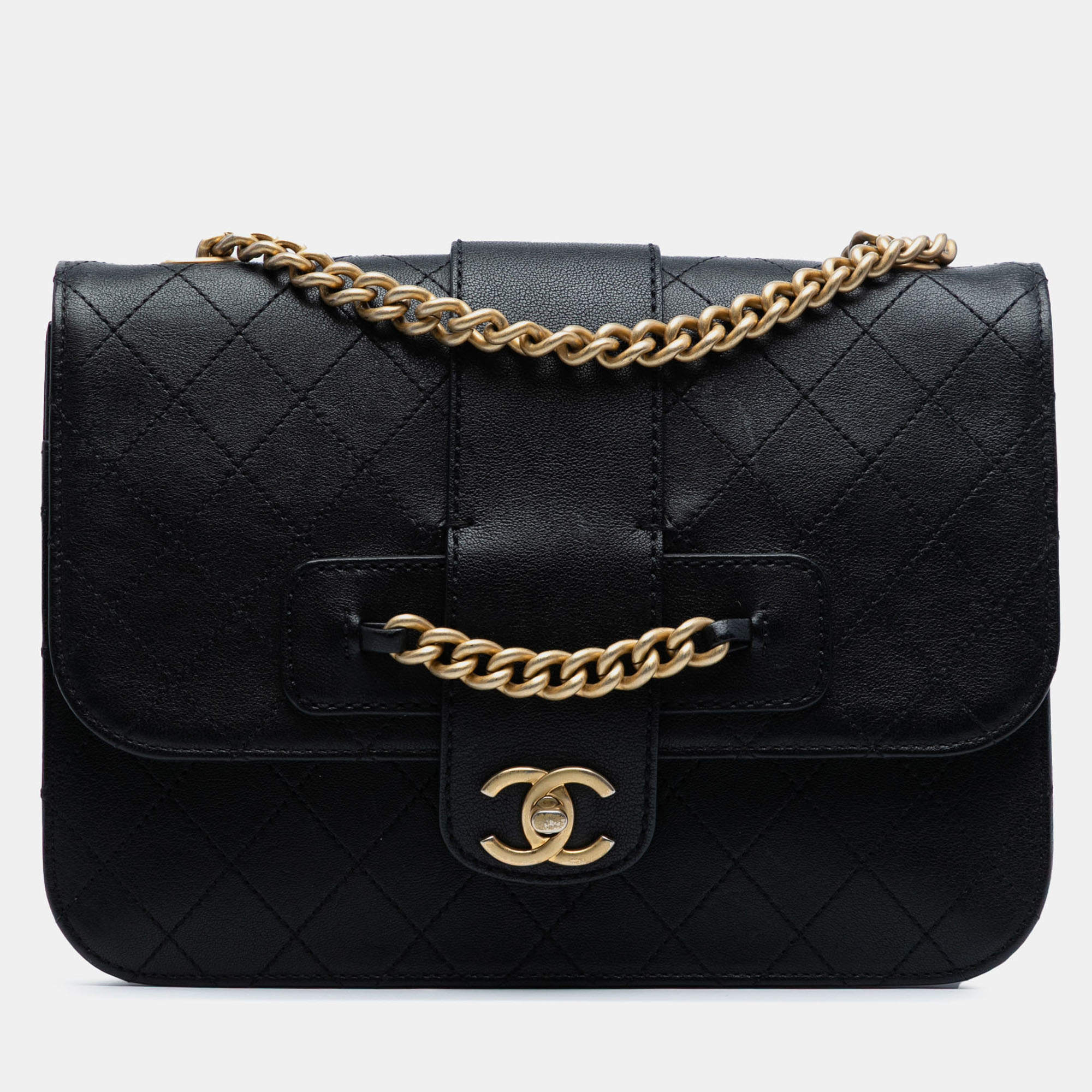 Pre Owned Chanel Black Large Quilted Sheepskin Front Chain Flap
