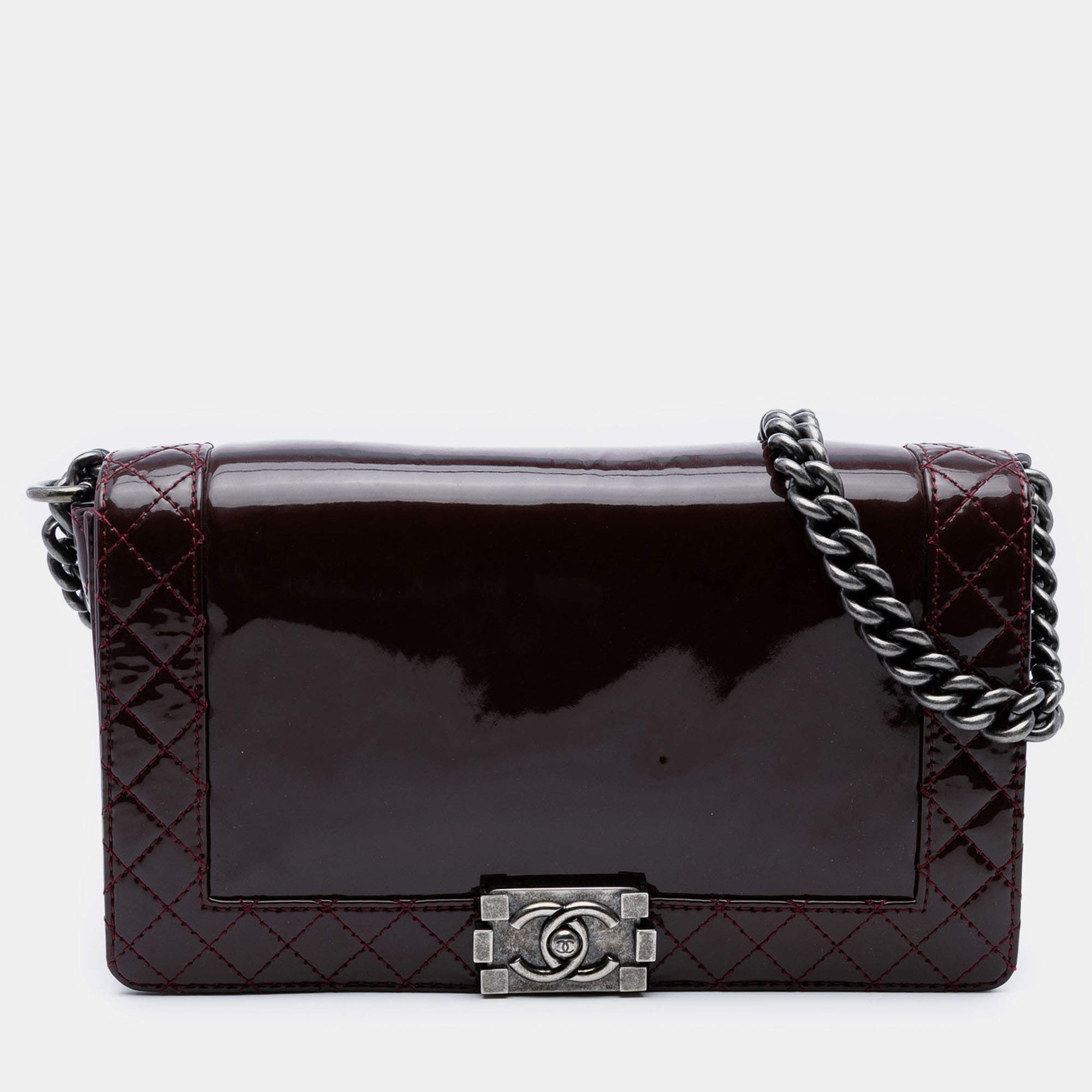 Pre Owned Chanel Burgundy Medium Patent Boy Reverso Flap