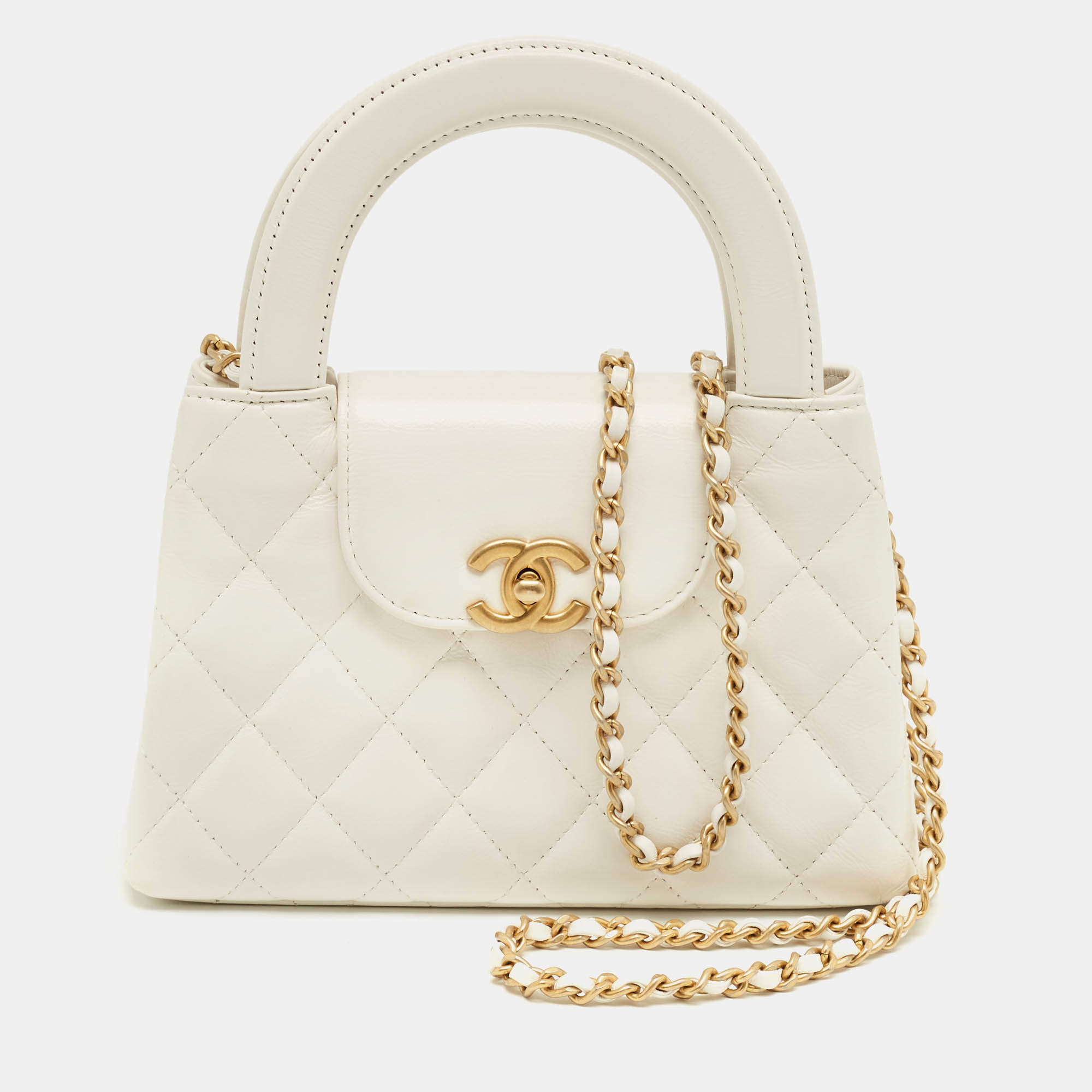 Pre Owned Chanel White Quilted Leather Nano Kelly Shopper Bag