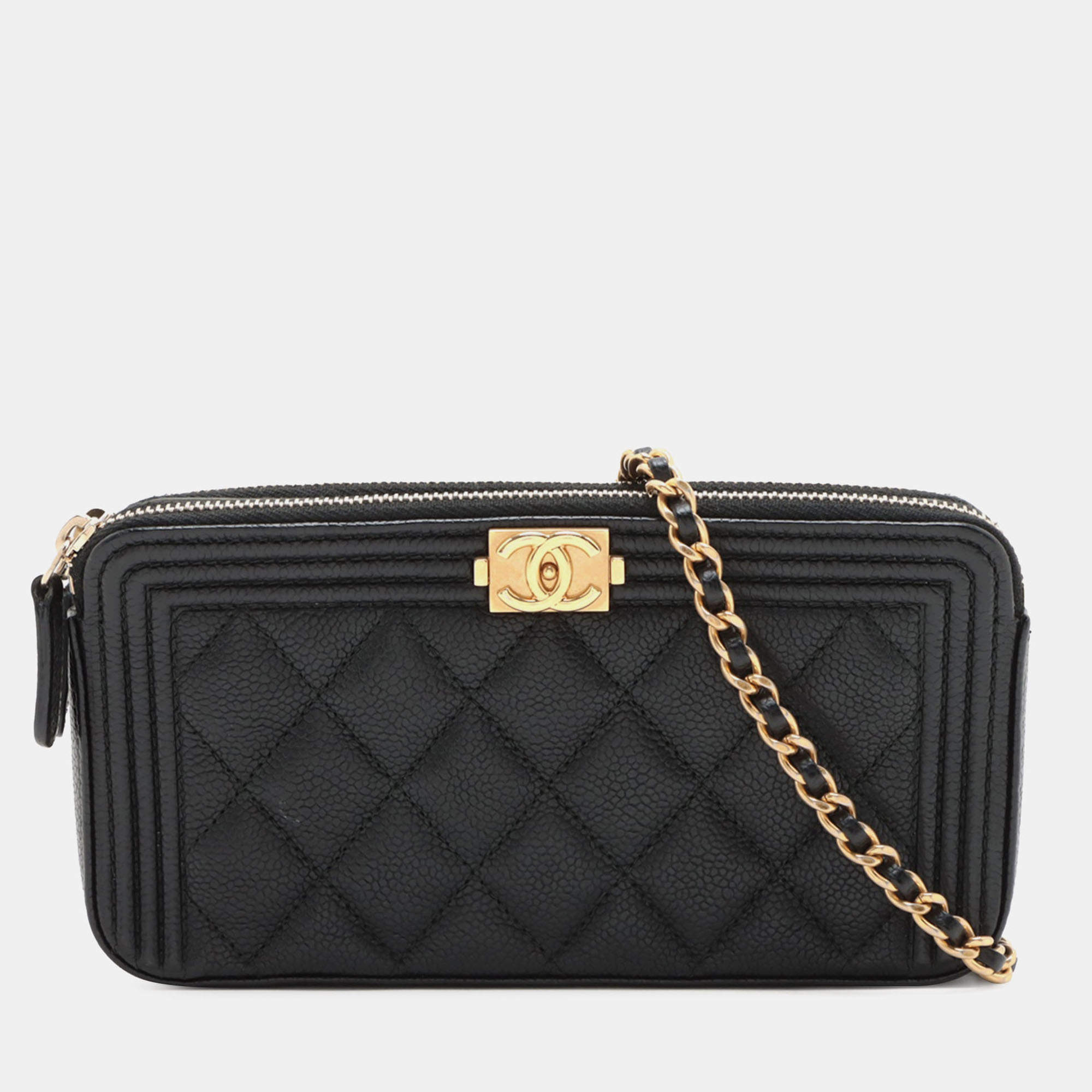 Pre Owned Chanel Black Small Quilted Caviar Boy Clutch With Chain