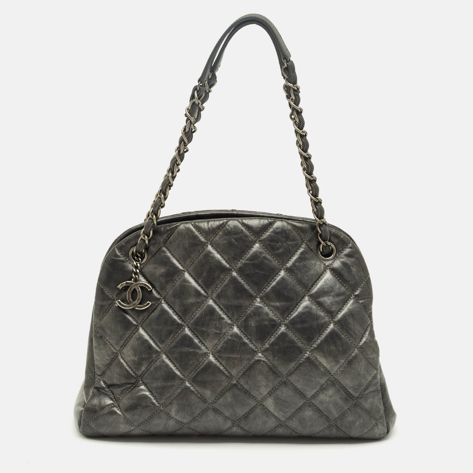 Pre Owned Chanel Grey Quilted Aged Leather Large Just Mademoiselle Bag
