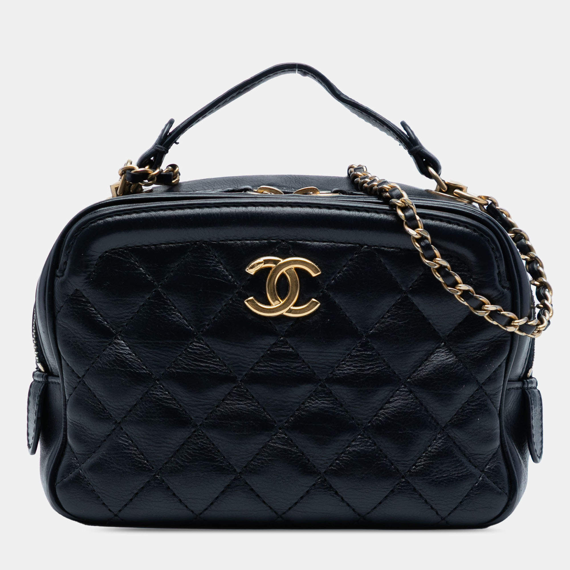 Pre Owned Chanel Black Small CC Quilted Lambskin Top Handle Vanity Case with Chain