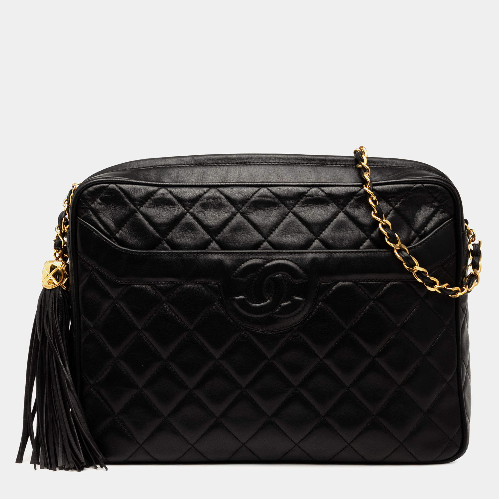 Pre Owned Chanel Black Medium CC Quilted Lambskin Tassel Camera Bag