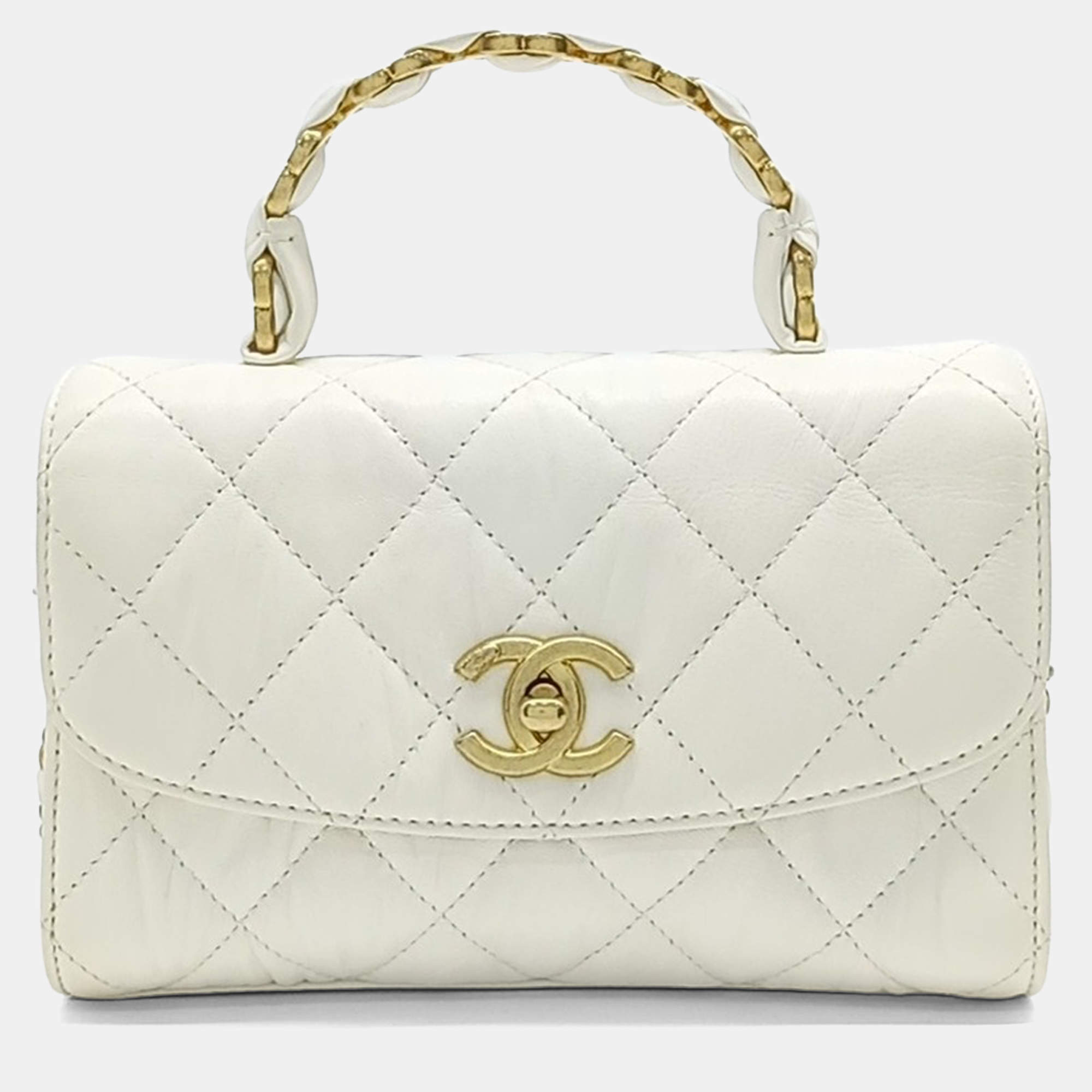 Pre Owned Chanel White Leather Top Handle Mini Crossbody Bag