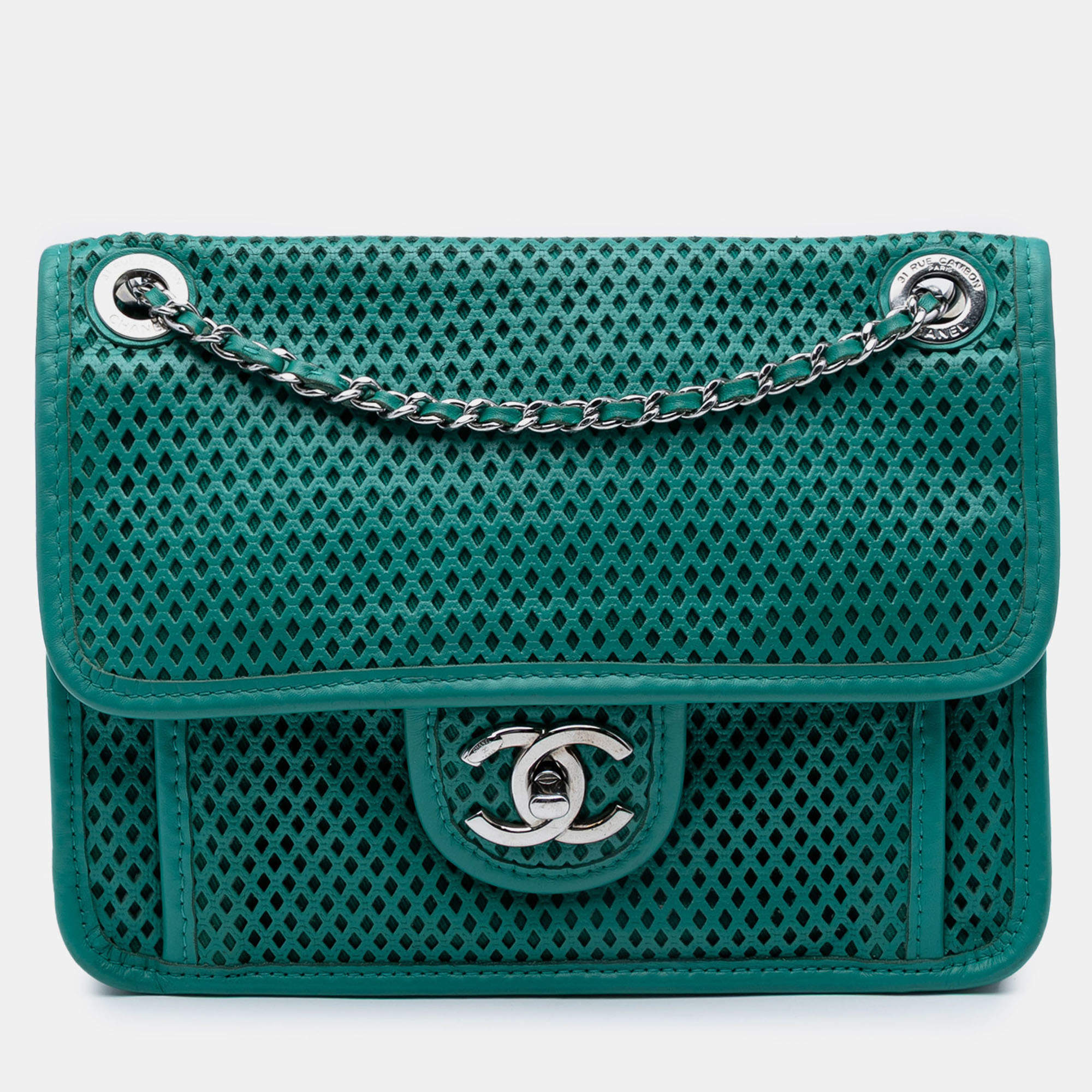 Pre Owned Chanel Green Small Perforated Calfskin Up In The Air Flap