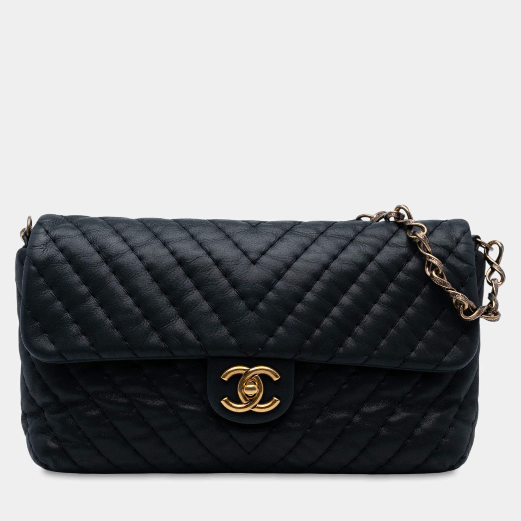 Pre Owned Chanel Black Large Chevron Iridescent Calfskin Surpique Flap