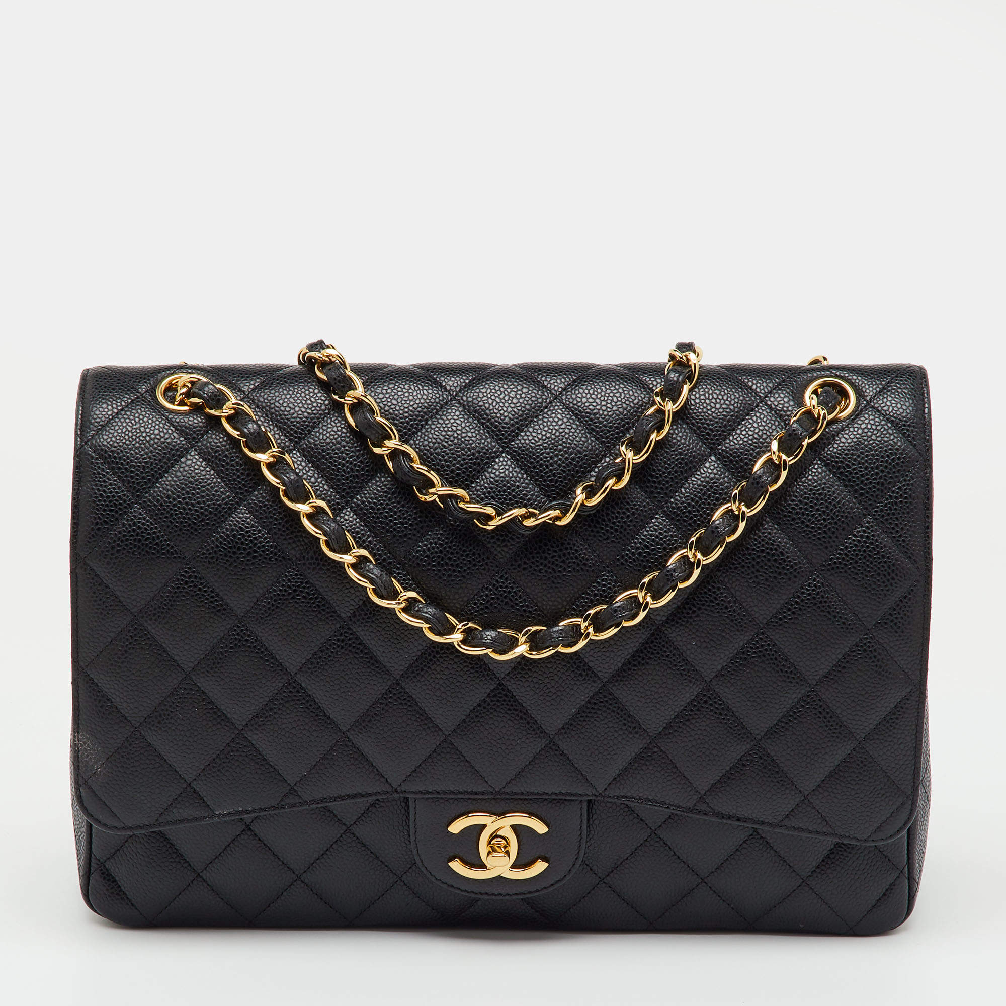 Pre Owned Chanel Black Quilted Leather Maxi Classic Double Flap Bag
