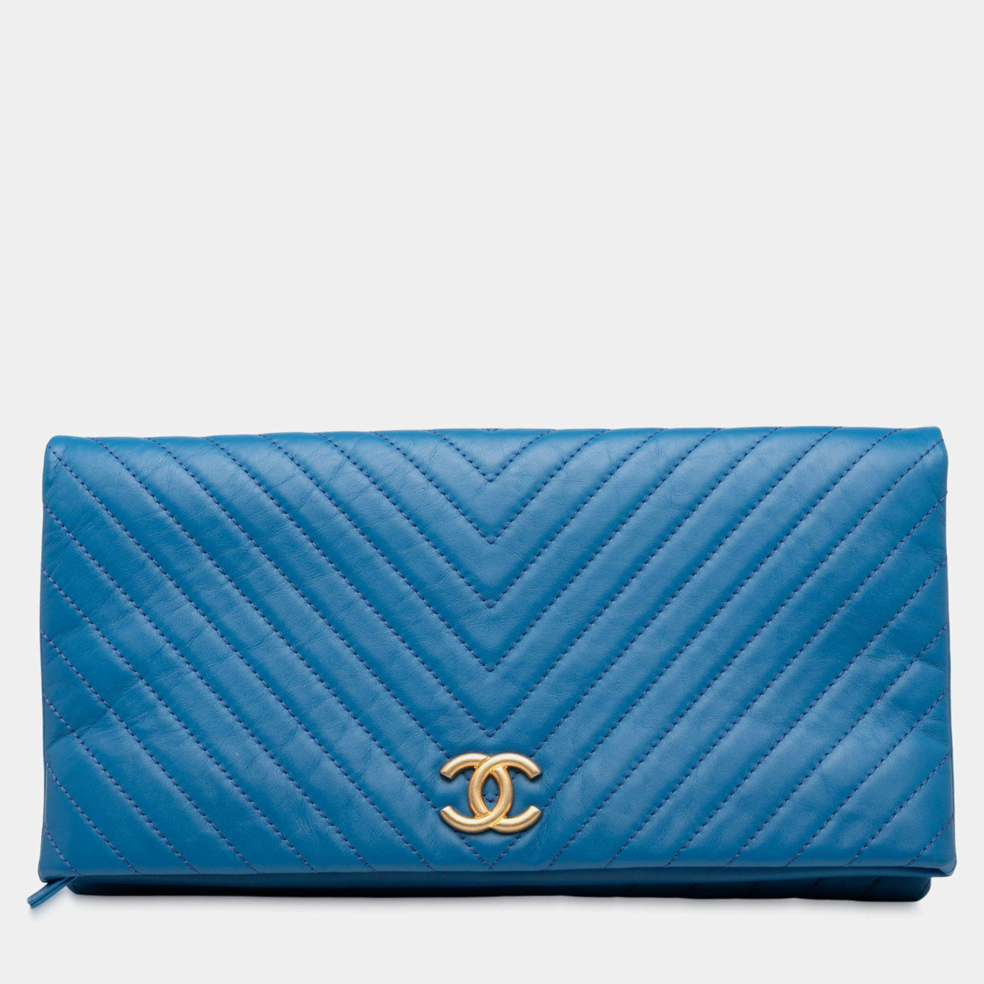 Pre Owned Chanel Blue CC Chevron Lambskin Fold Over Clutch
