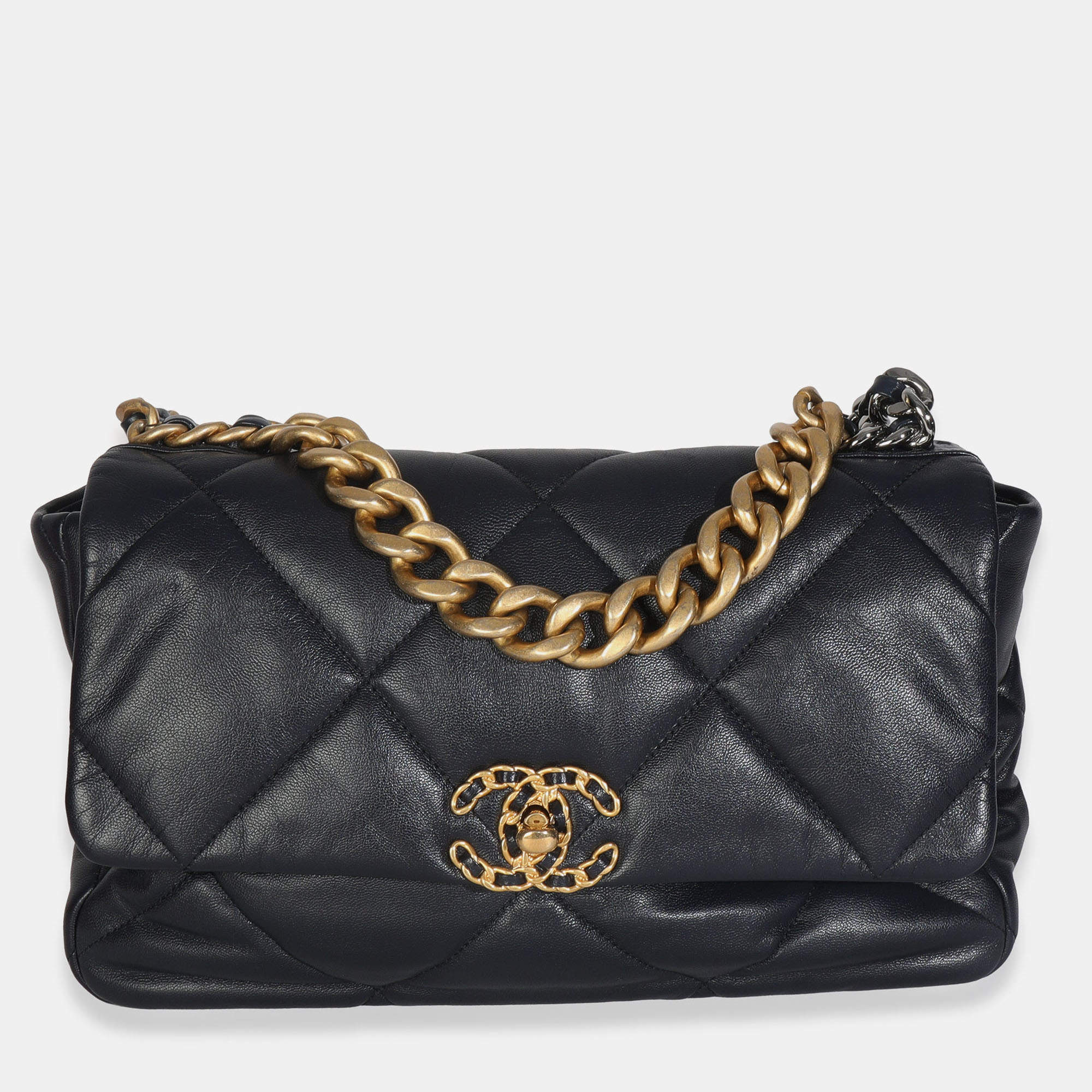 Pre Owned Chanel Navy Quilted Shiny Lambskin Medium Chanel 19 Flap Bag