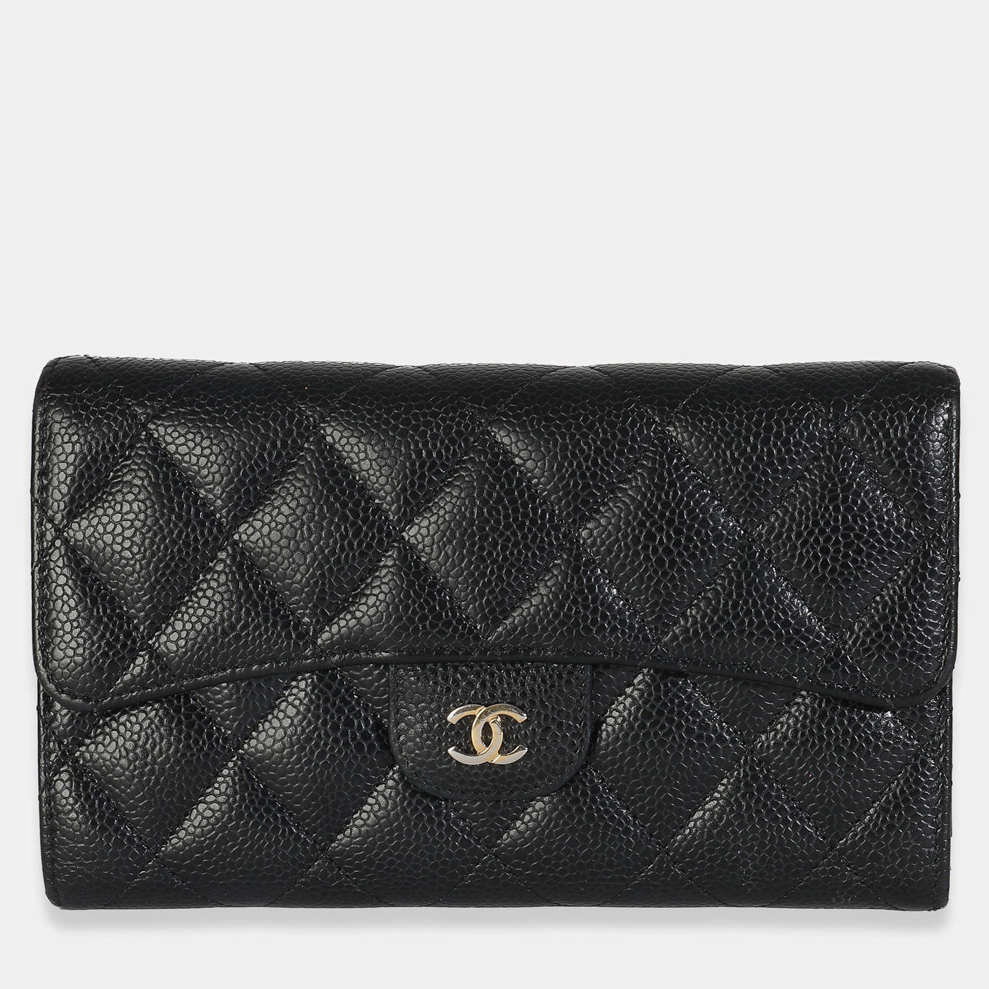 Pre Owned Chanel Black Quilted Caviar Long Classic Flap Wallet