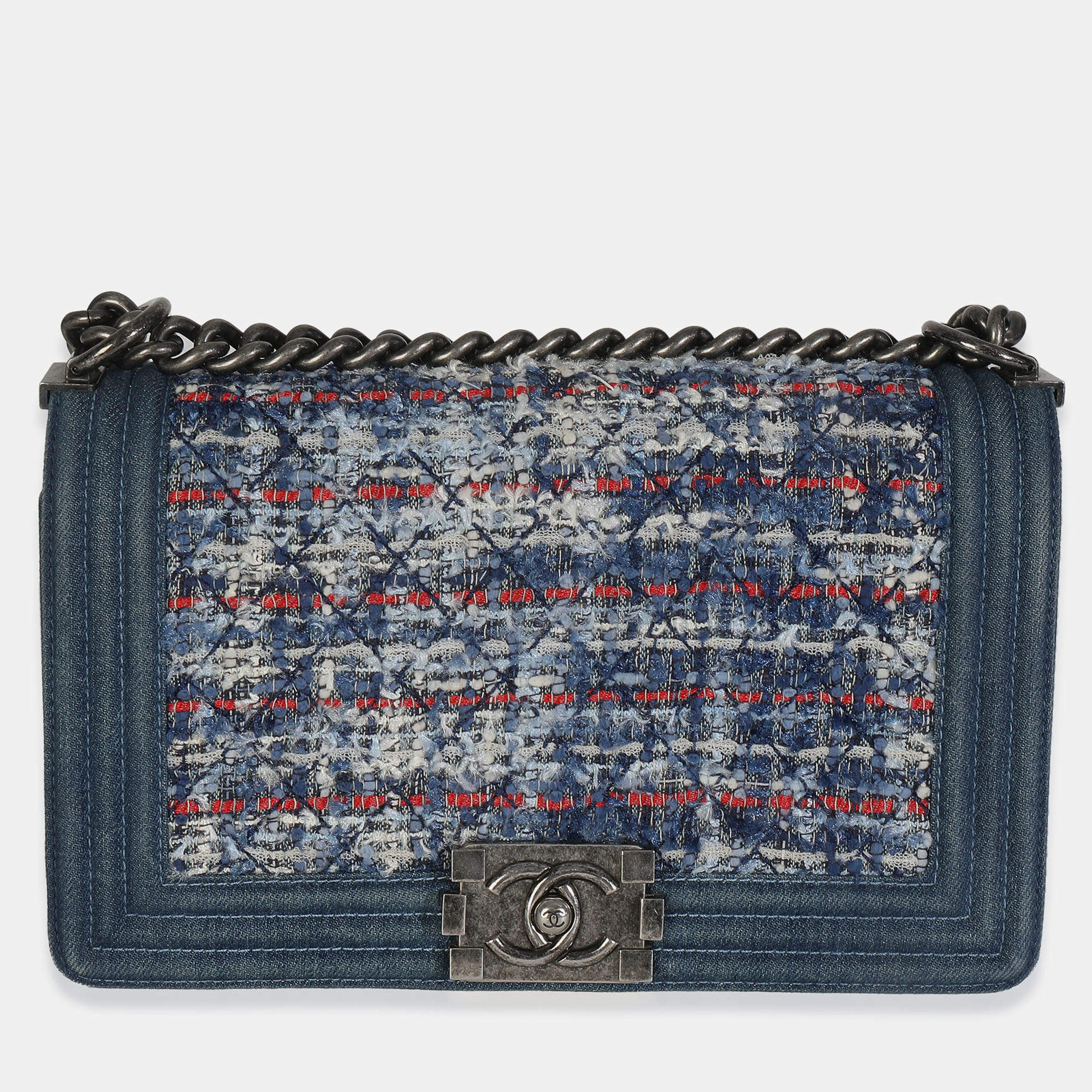 Pre Owned Chanel Blue Multicolor Denim Quilted Tweed Old Medium Boy Bag