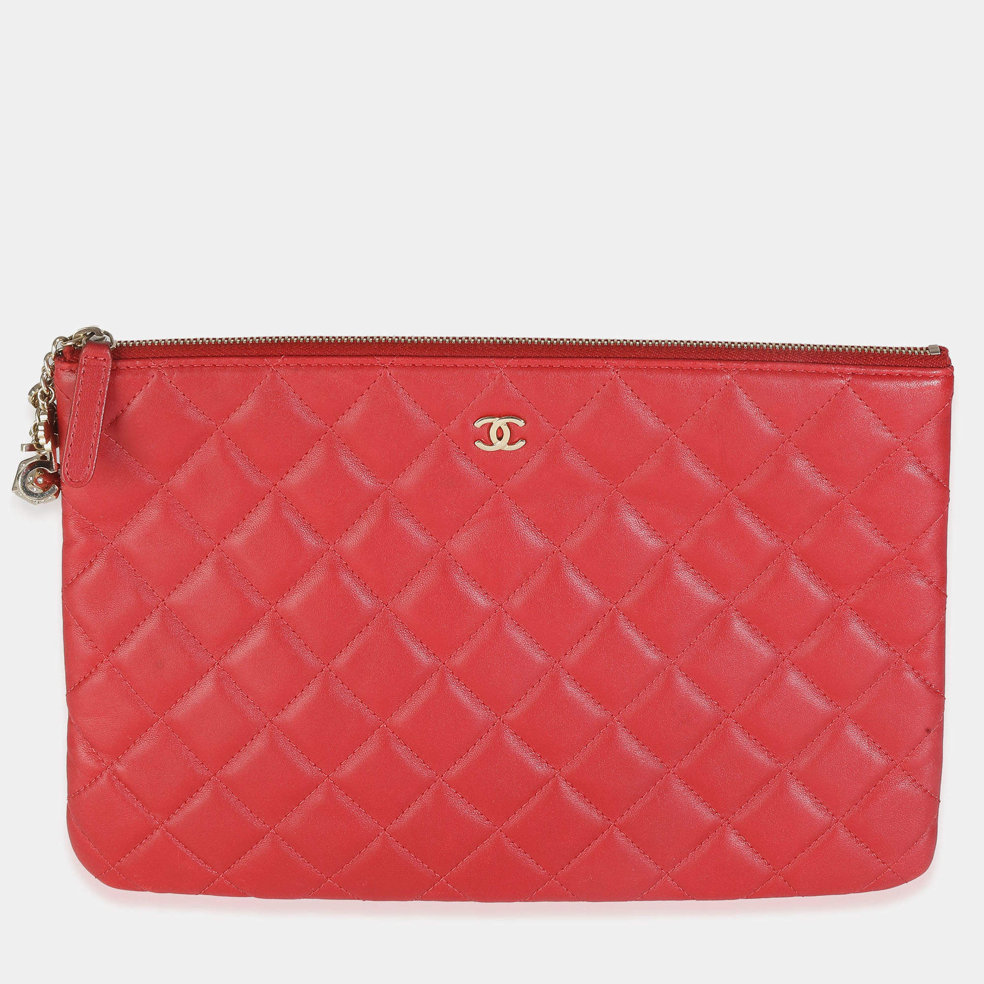 Pre Owned Chanel Red Quilted Lambskin Medium Casino Beauty CC Cosmetic Case