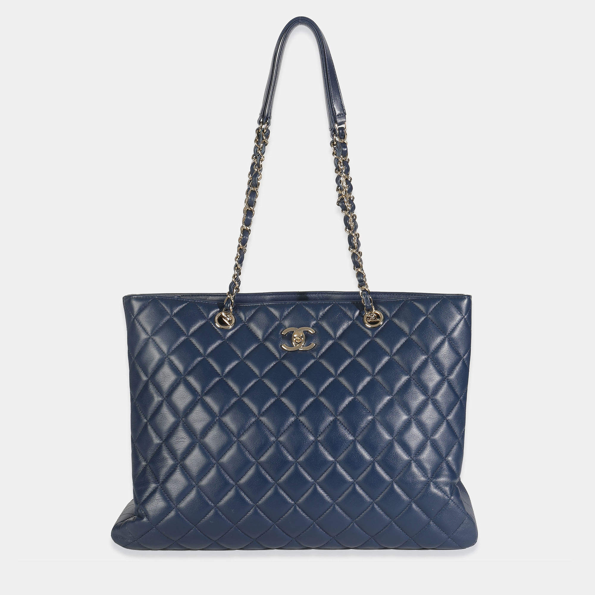 Pre Owned Chanel Blue Quilted Calfskin Large CC Shopping Tote Bag