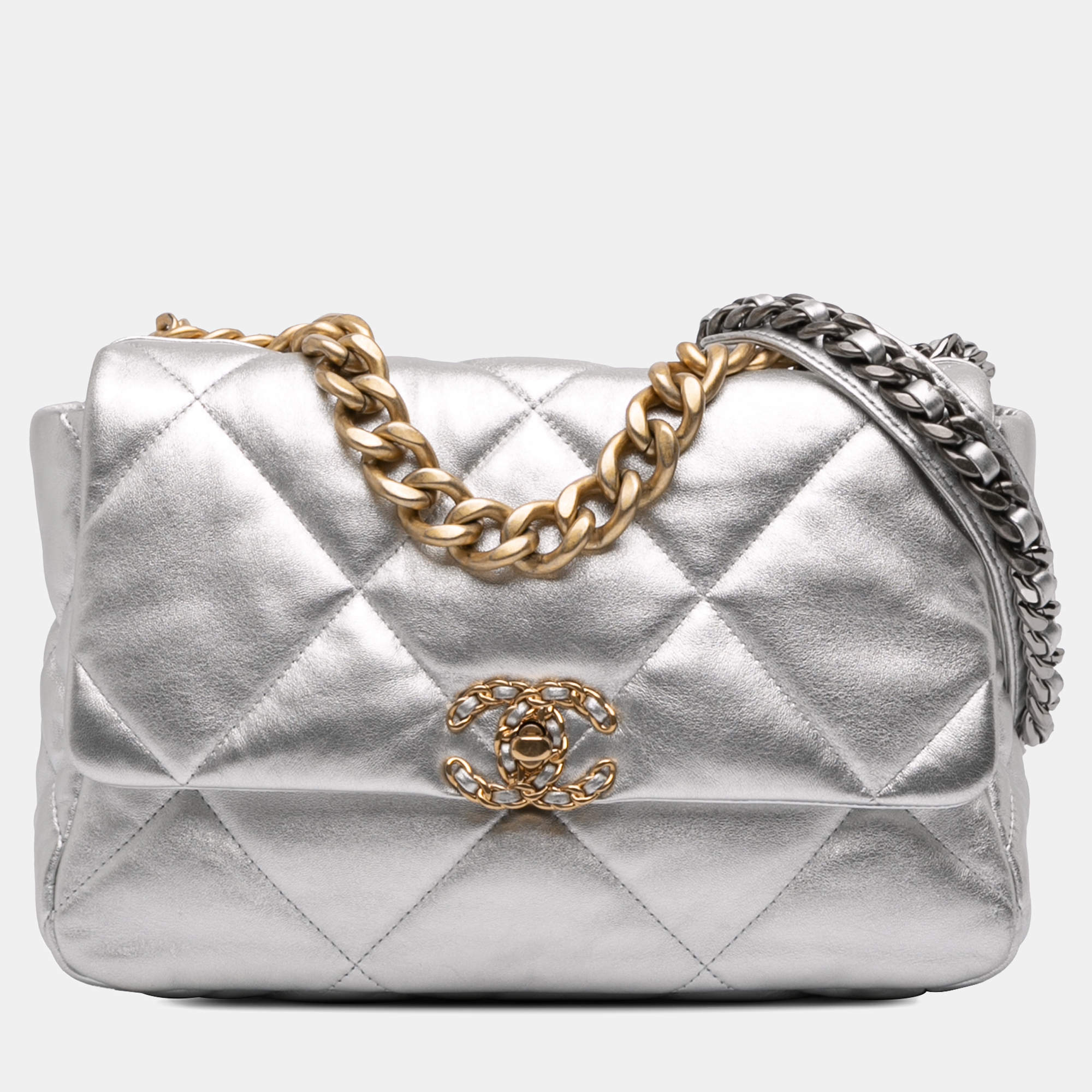 Pre Owned Chanel Silver Large Metallic Lambskin 19 Flap