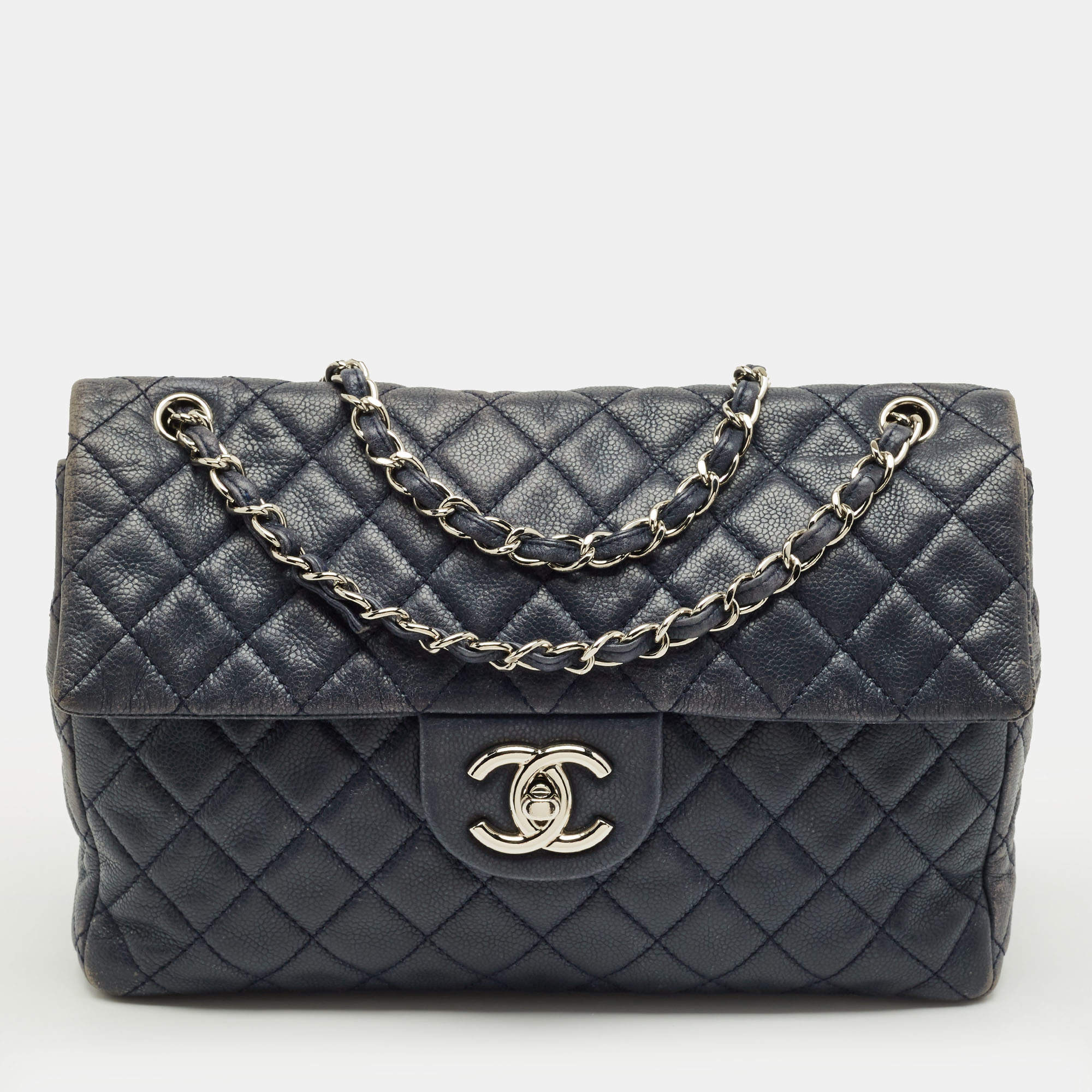 Pre Owned Chanel Navy Blue Quilted Leather Maxi CC Crave Flap Bag