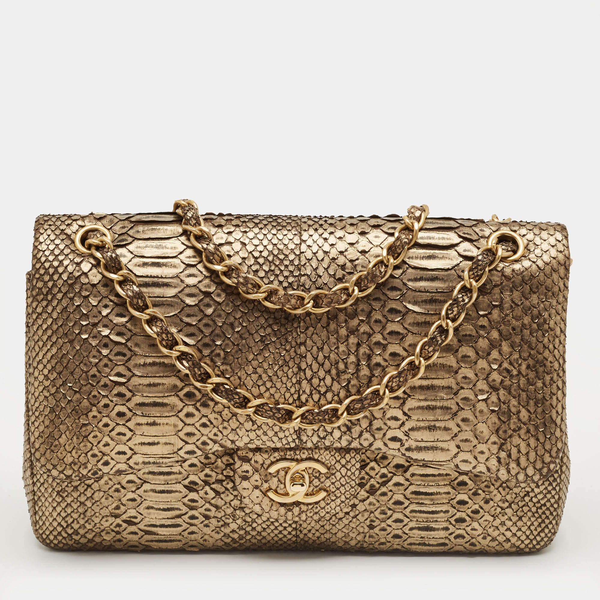 Pre Owned Chanel Gold/Black Python Jumbo Classic Double Flap Bag