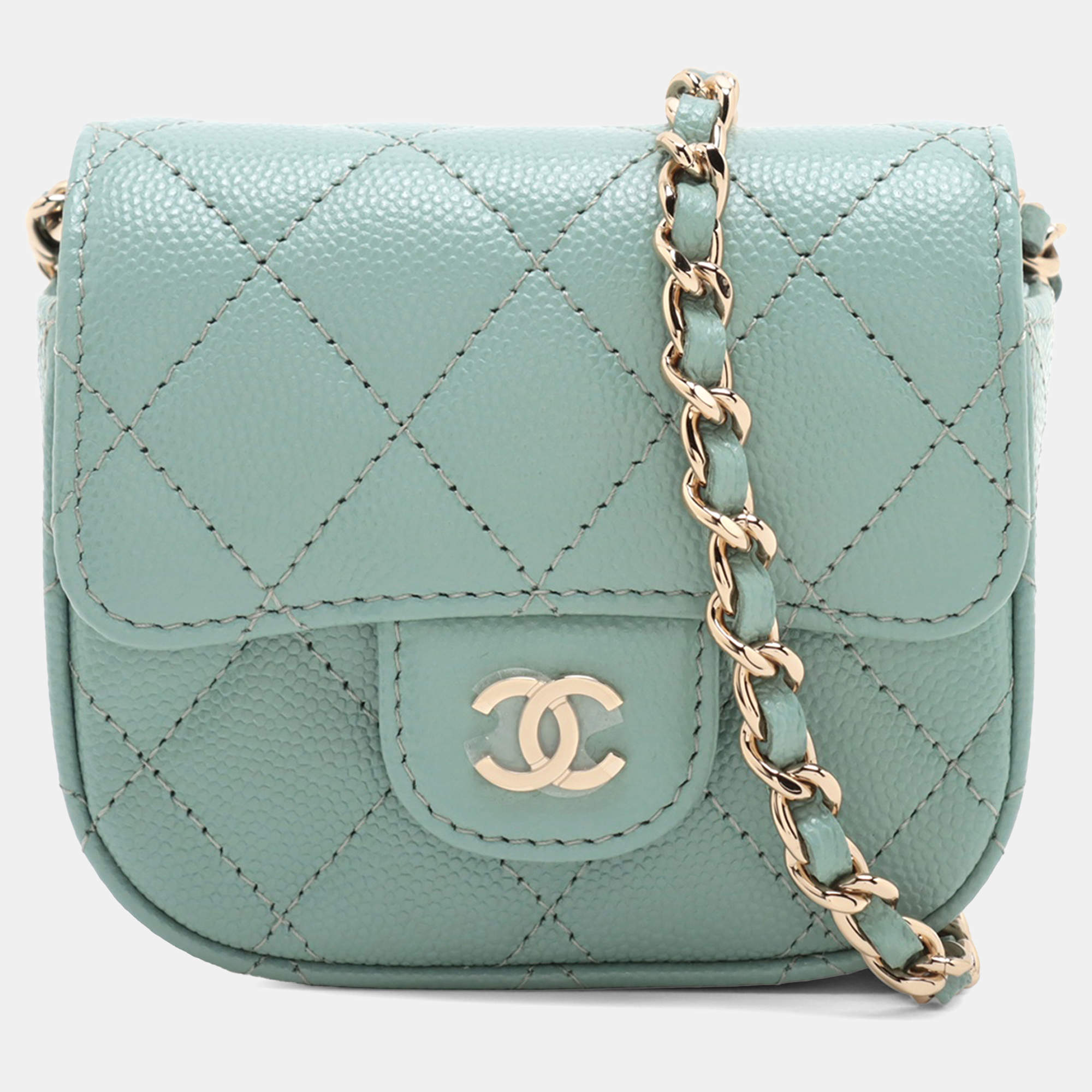 Pre Owned Chanel Blue Mini Classic Caviar Clutch With Chain