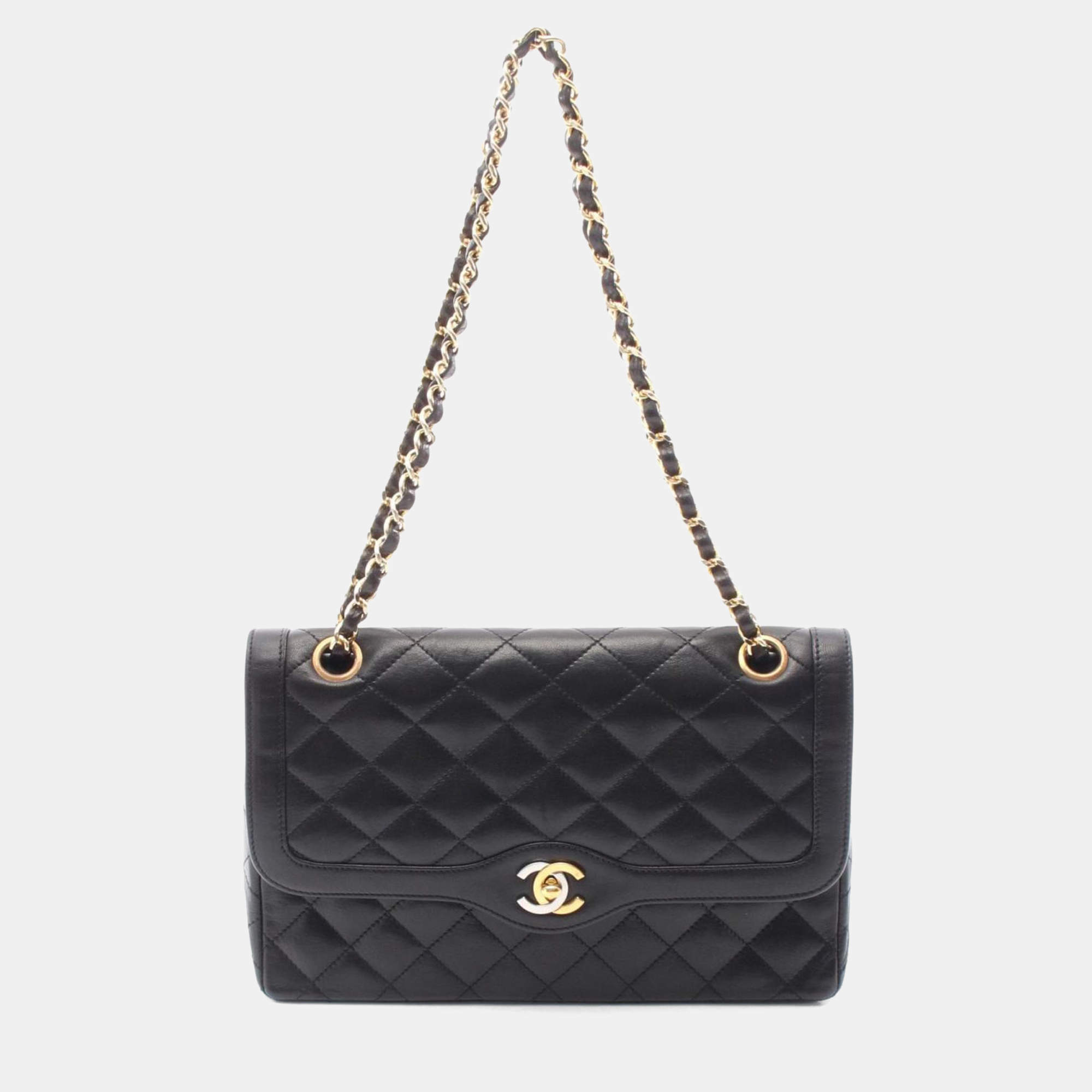 Pre Owned Chanel Matelasse Paris Limited W Flap Shoulder Bag Lambskin Sheepskin Black
