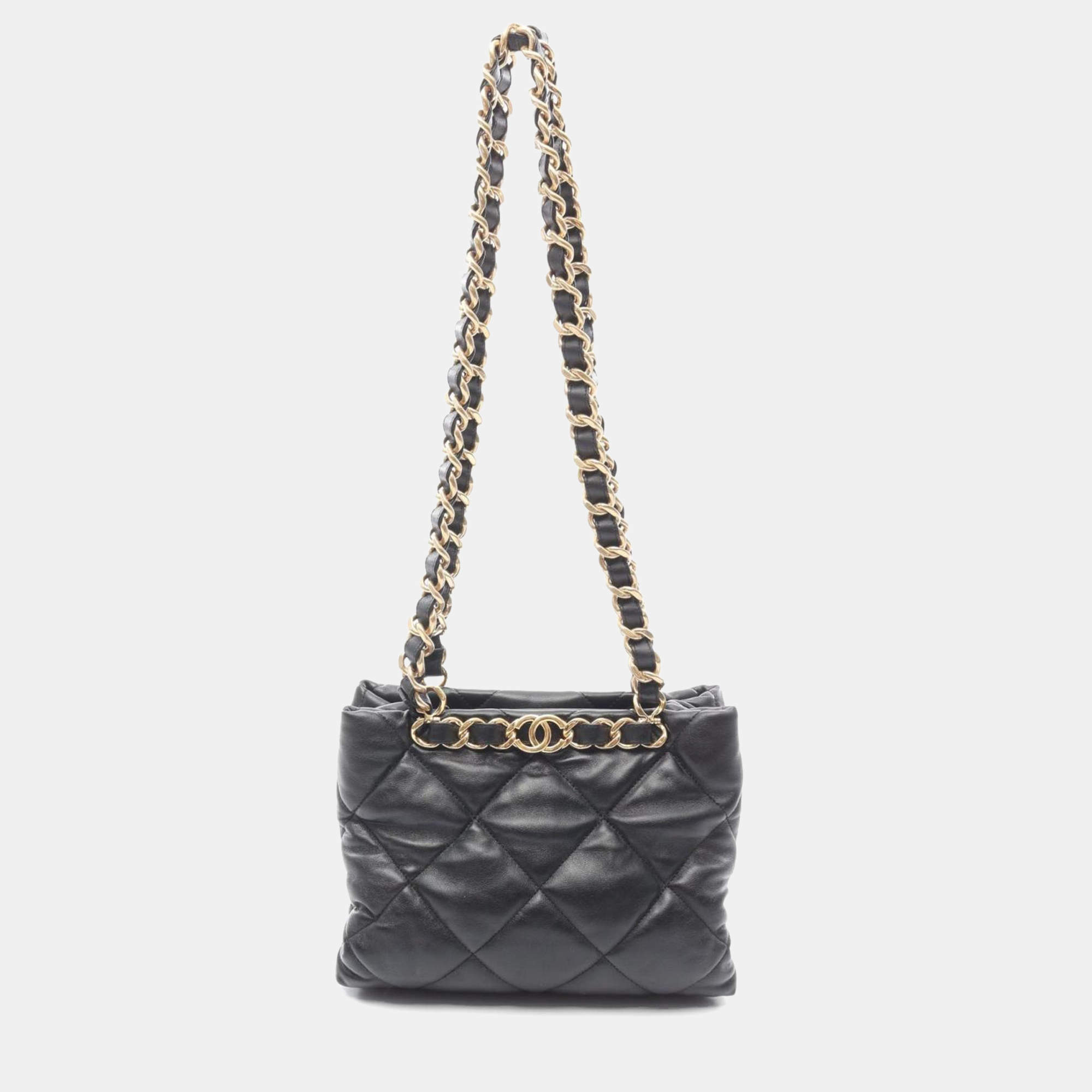 Pre Owned Chanel Matelasse Small Shopping Tote Bag In Lambskin Leather Black