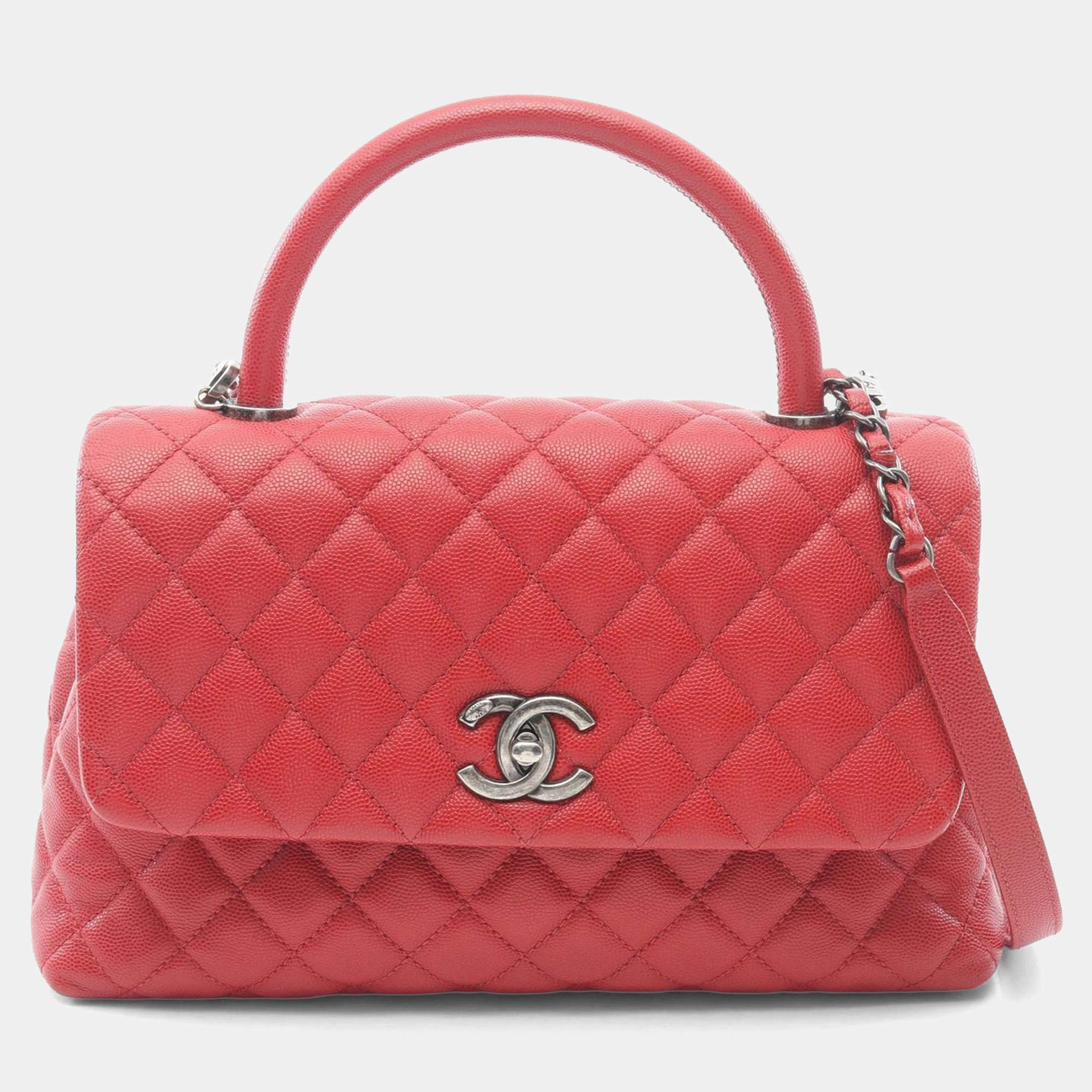 Pre Owned Chanel Coco Handle 29 Flap Matelasse Red  Caviar Skin Grained Calf Handbag 