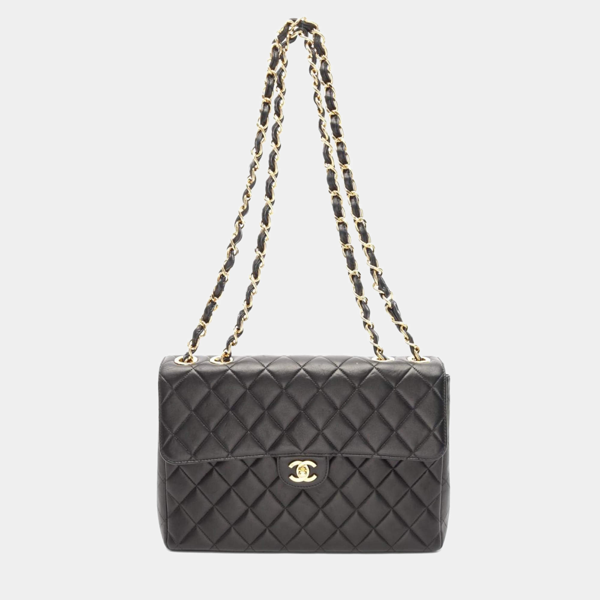 Pre Owned Chanel Deca Matelasse 30 Black Lambskin Sheepskin Single Flap Shoulder Bag 
