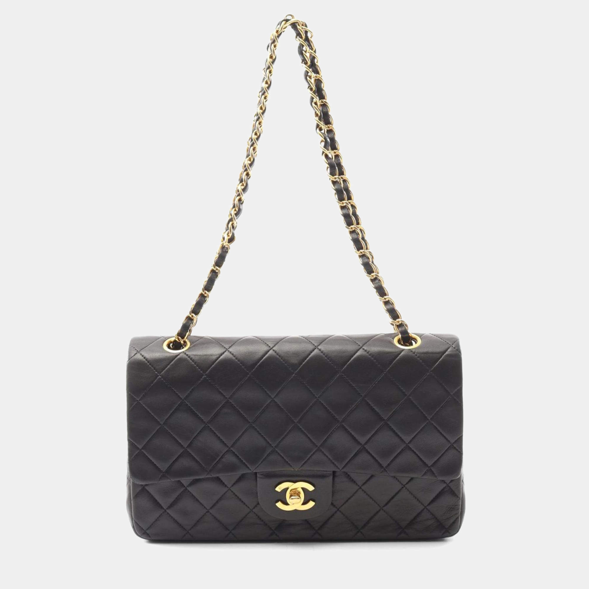 Pre Owned Chanel Matelasse Double Flap Shoulder Bag In Lambskin Leather Black