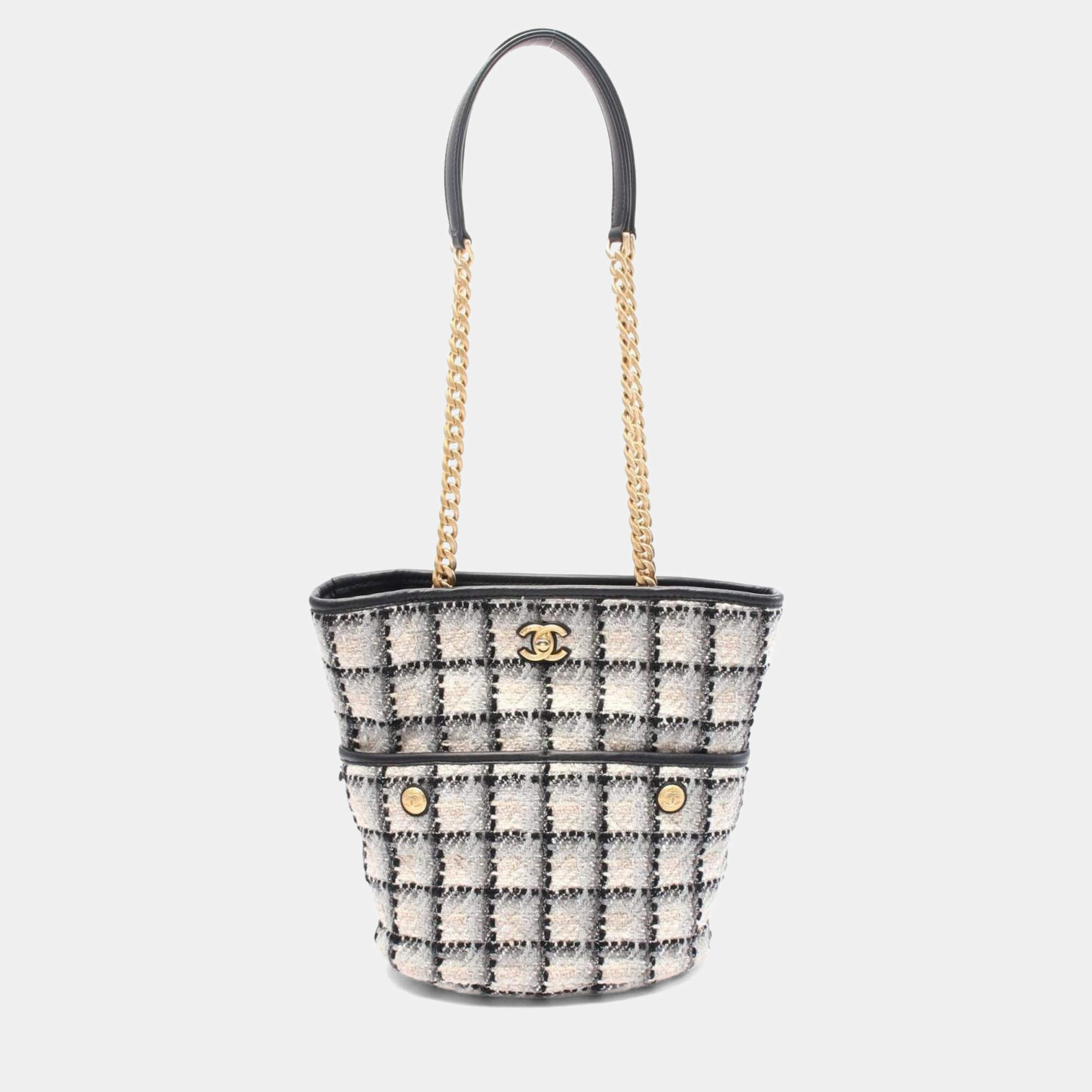 Pre Owned Chanel Coco Mark Tote Bag Fabric Leather Black Grey Multicolor