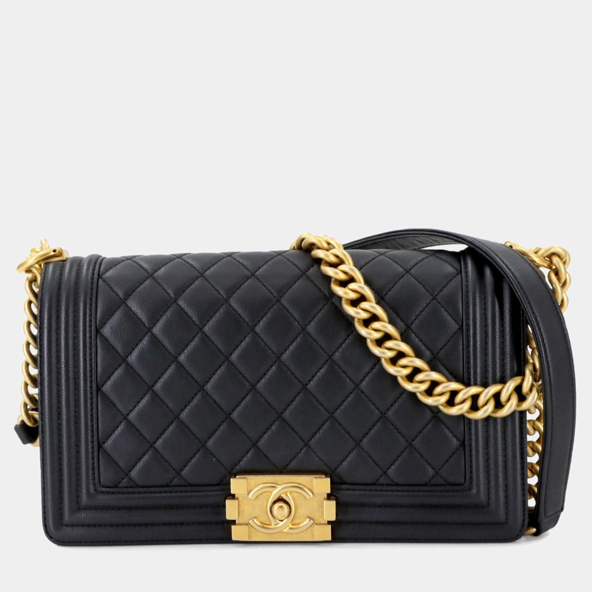 Pre Owned Chanel Boy Chanel Chain Shoulder Bag Caviar Skin Black Gold