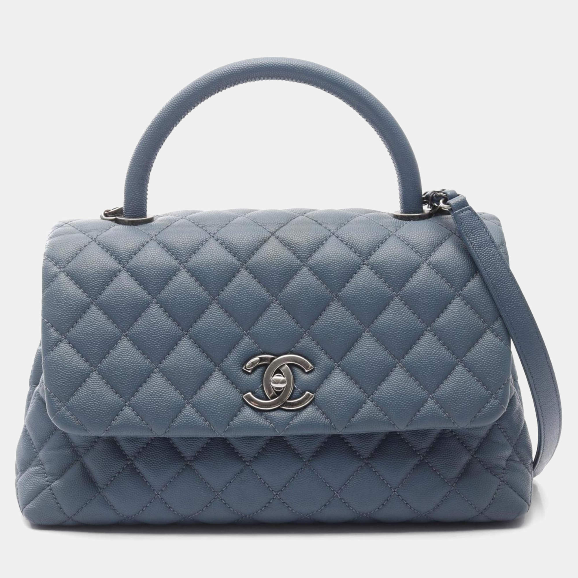 Pre Owned Chanel Coco Handle 29 Flap Matelasse Handbag Caviar Skin Grained Calf Blue