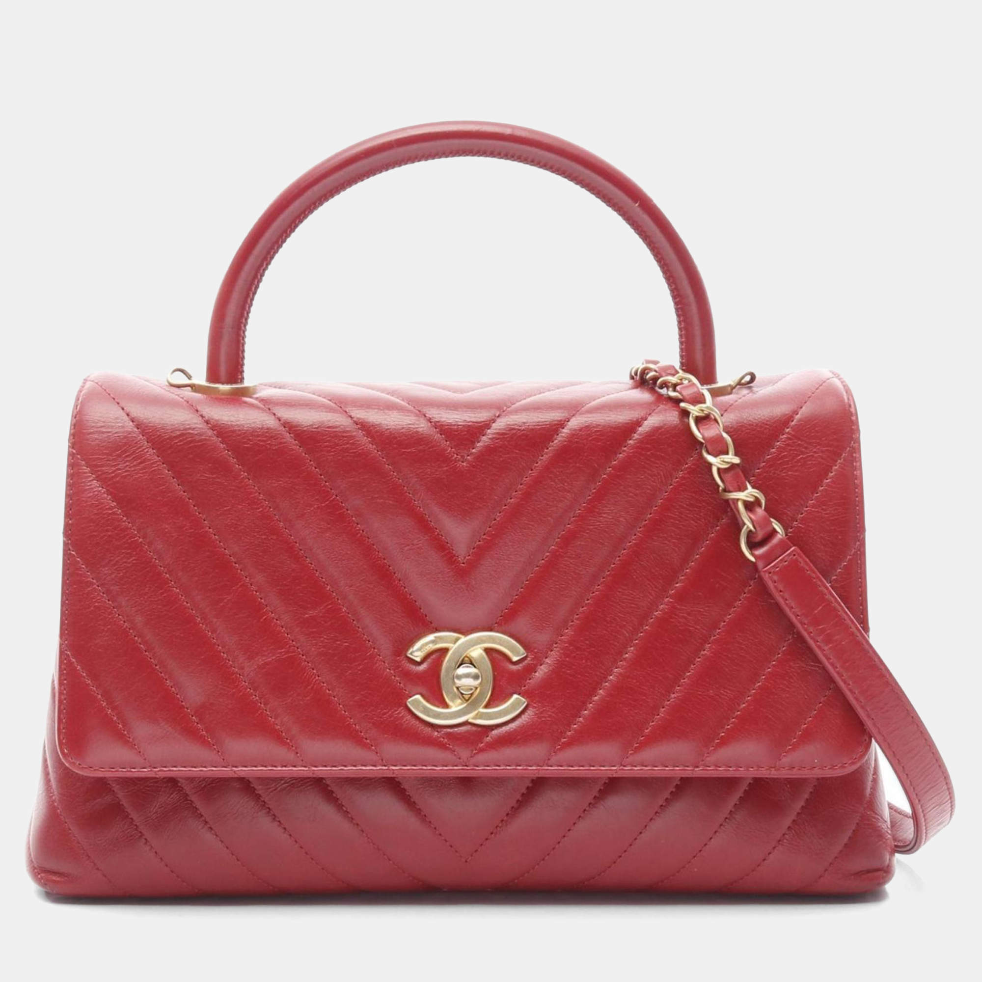 Pre Owned Chanel Coco Handle 29 Flap V Stitch Chevron Handbag Leather Red
