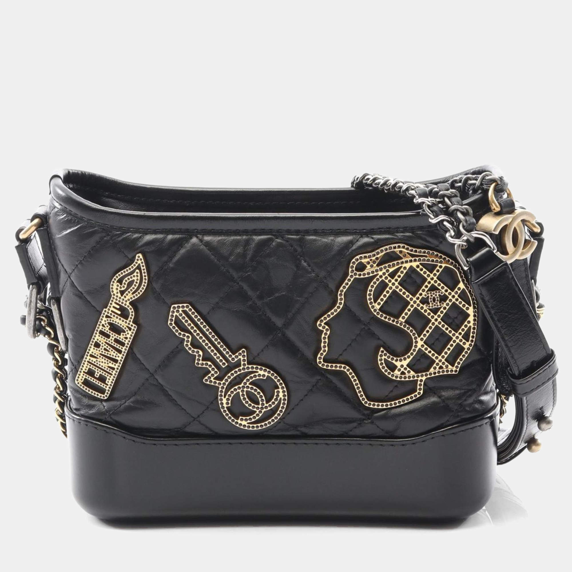 Pre Owned Chanel Gabrielle De Chanel Small Hobo Shoulder Bag Leather Black