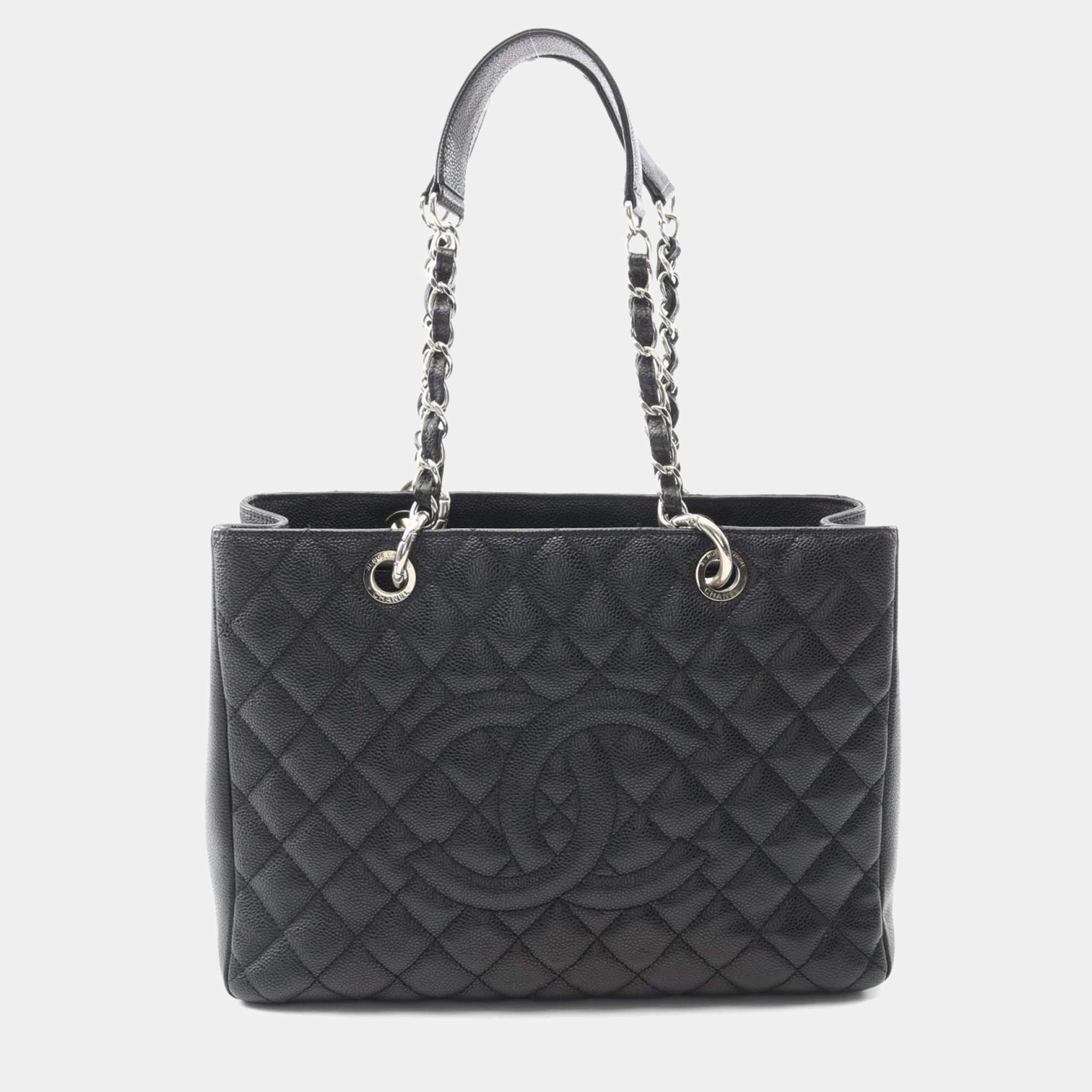Pre Owned Chanel Matelasse Grand Shopping Gst Tote Bag In Calfskin Leather Black