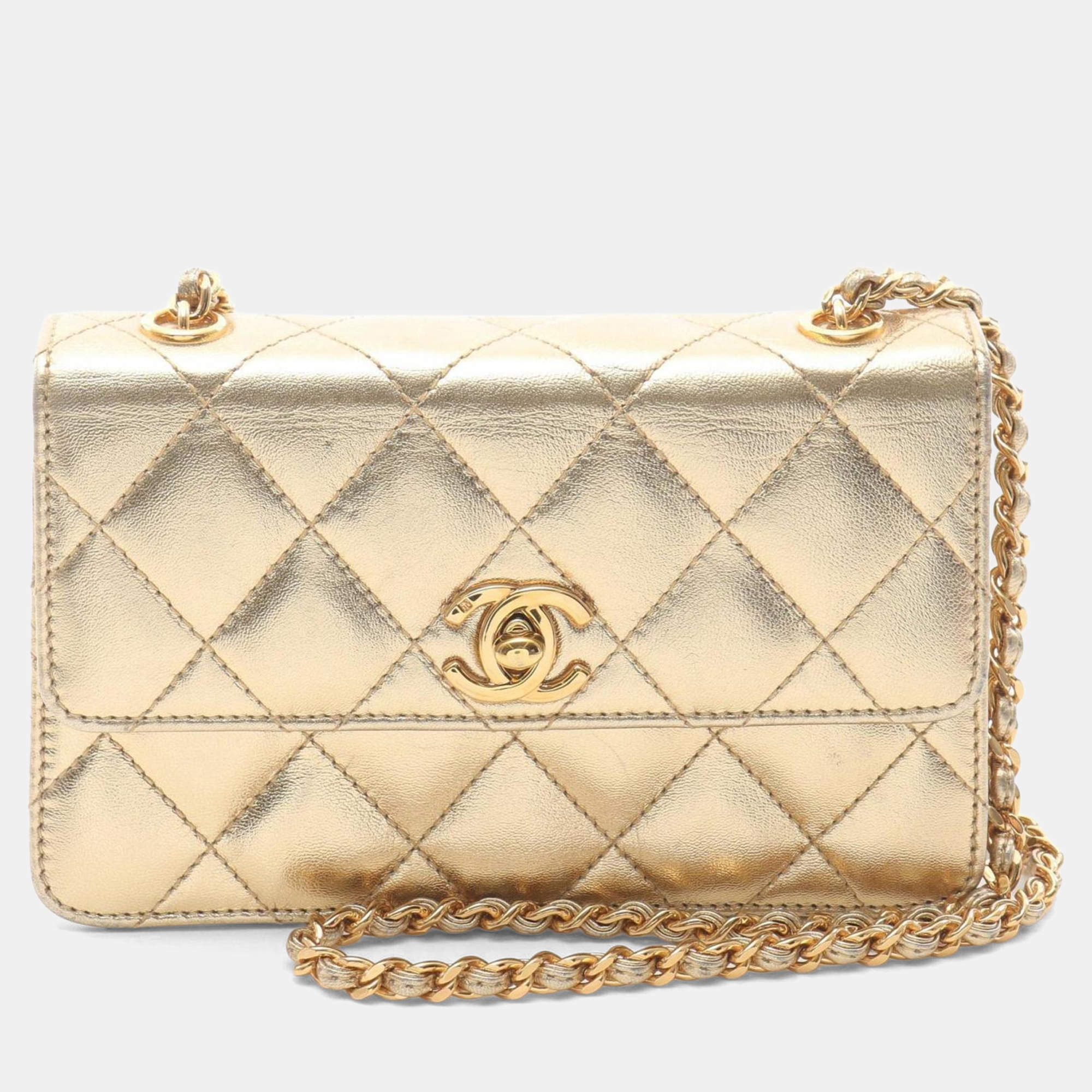 Pre Owned Chanel Mini Matelasse Shoulder Bag Lambskin Leather Gold