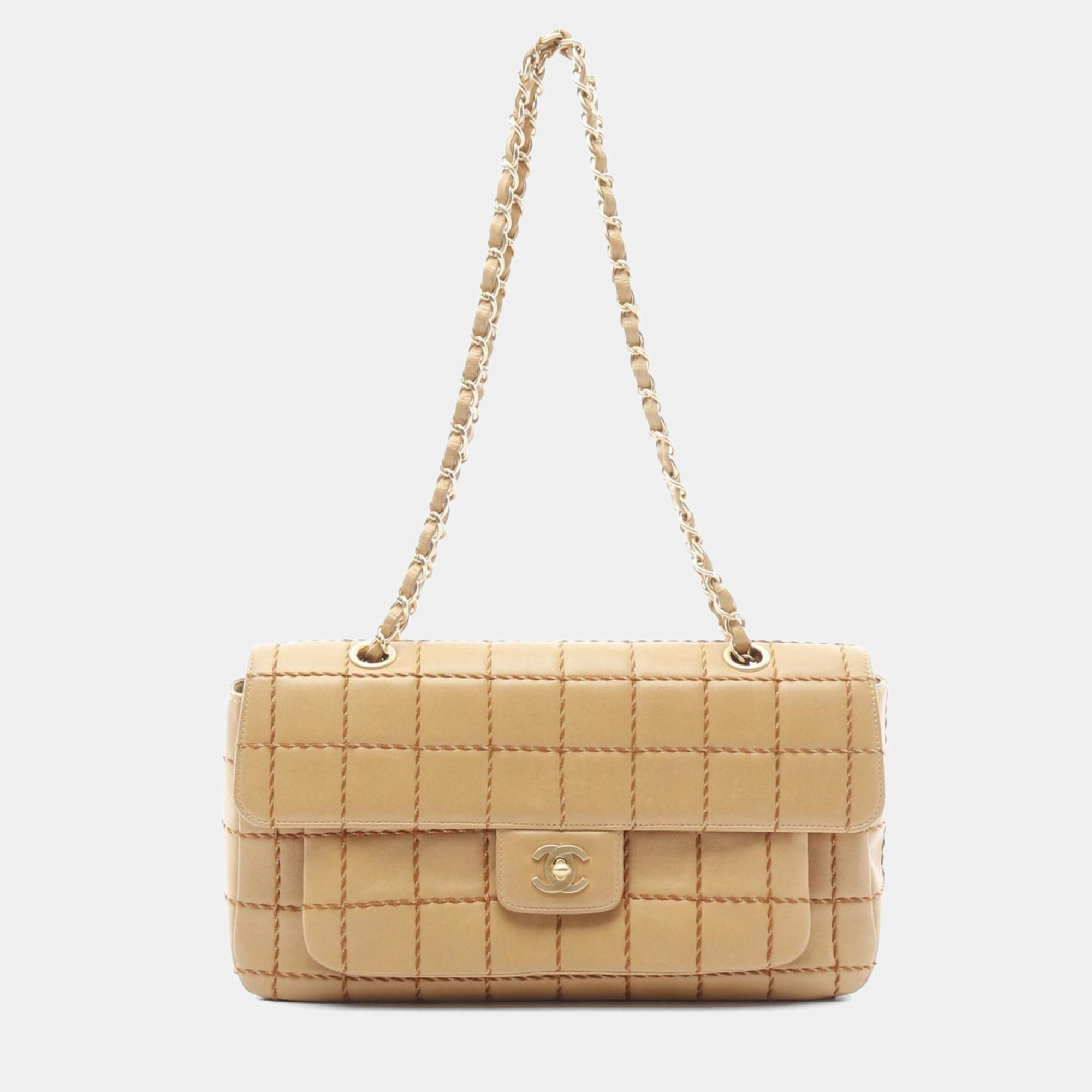 Pre Owned Chanel Chocolate Bar Wild Stitch Shoulder Bag Lambskin Sheepskin Beige