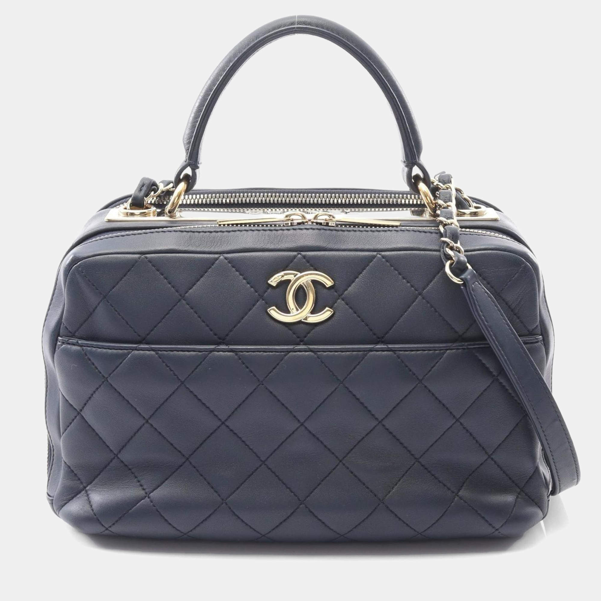 Pre Owned Chanel Matelasse Bowling Bag Shoulder In Lambskin Sheepskin Navy Blue
