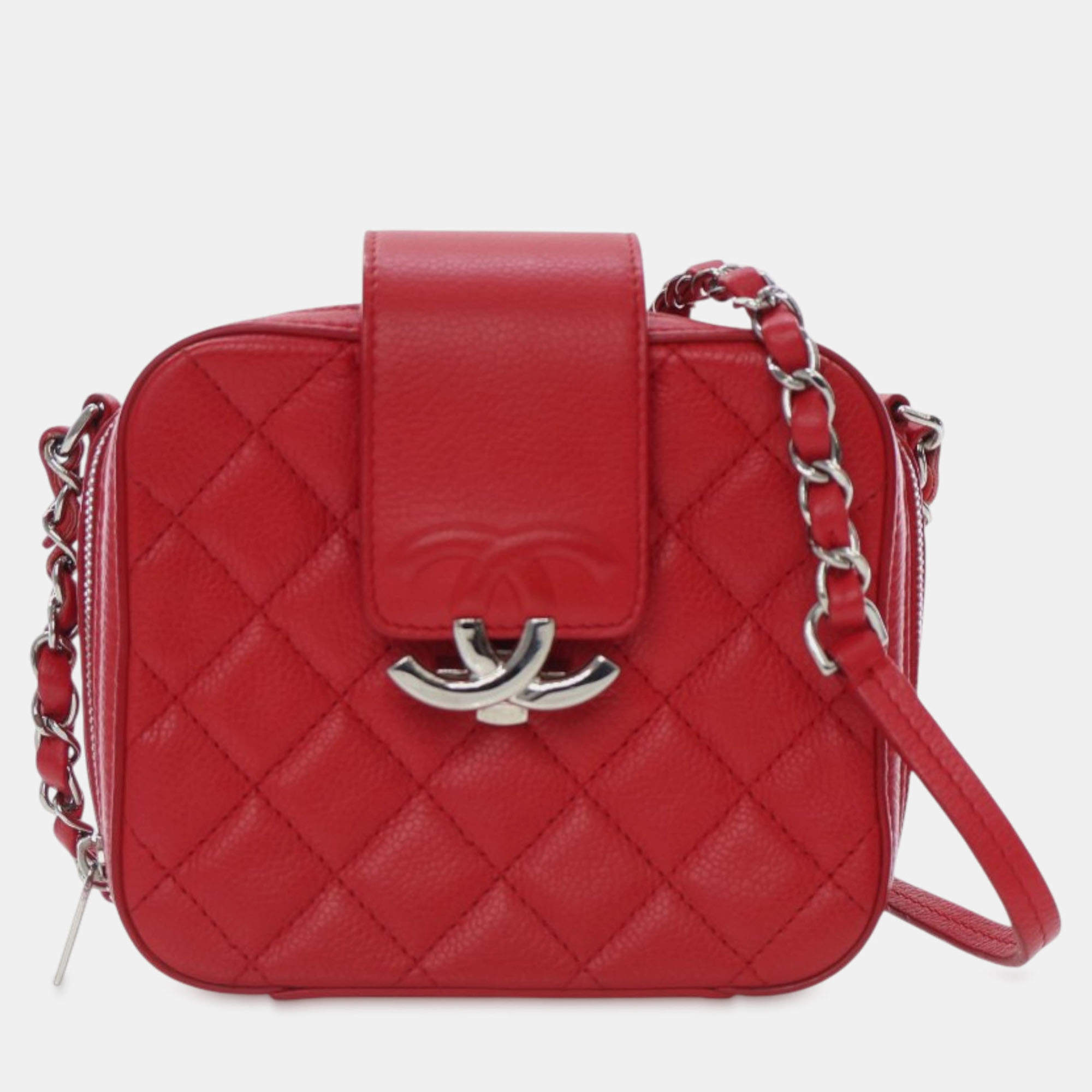 Pre Owned Chanel Red Mini Quilted Caviar CC Box Camera Bag
