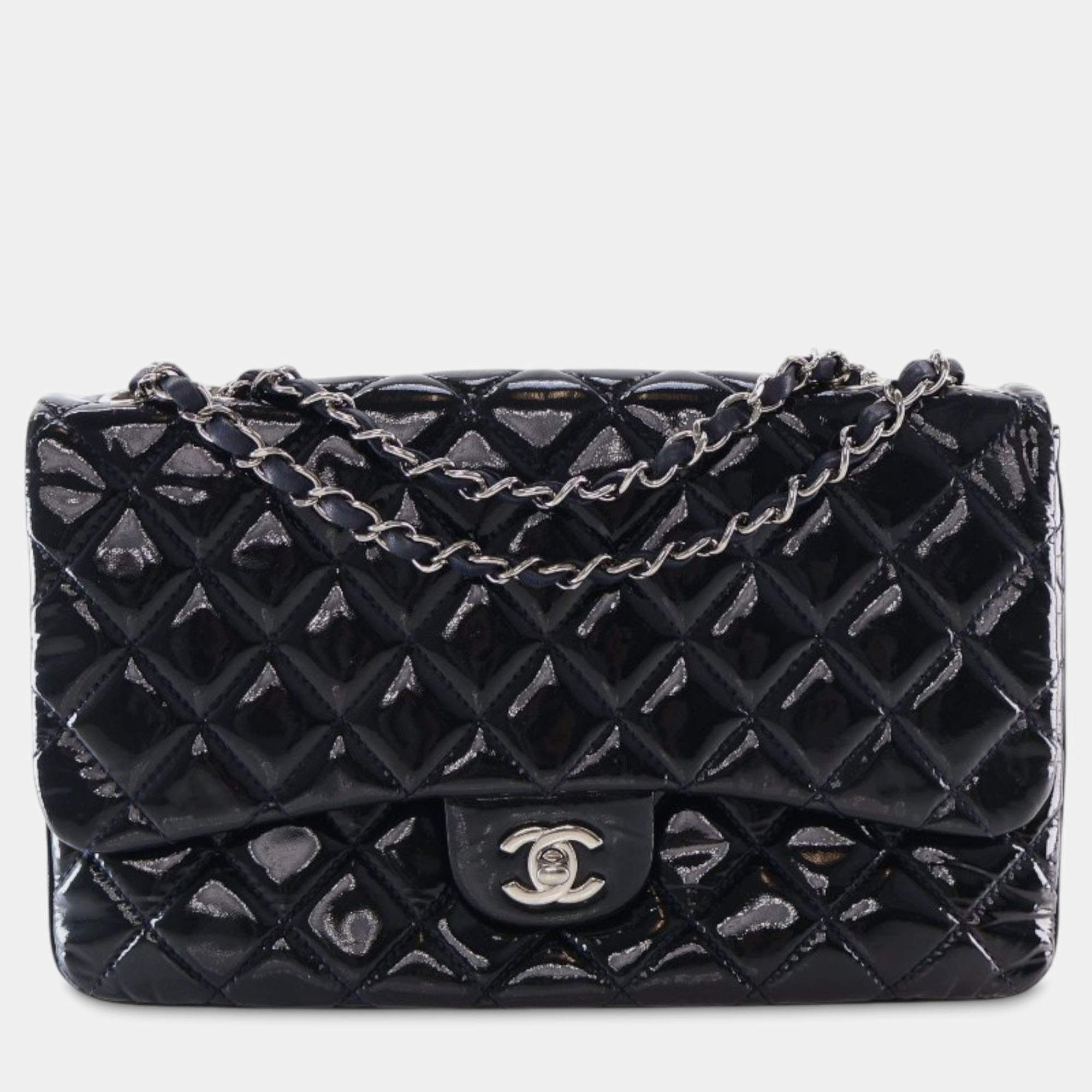 Pre Owned Chanel Navy Blue Jumbo Quilted Patent 3 Compartment Flap
