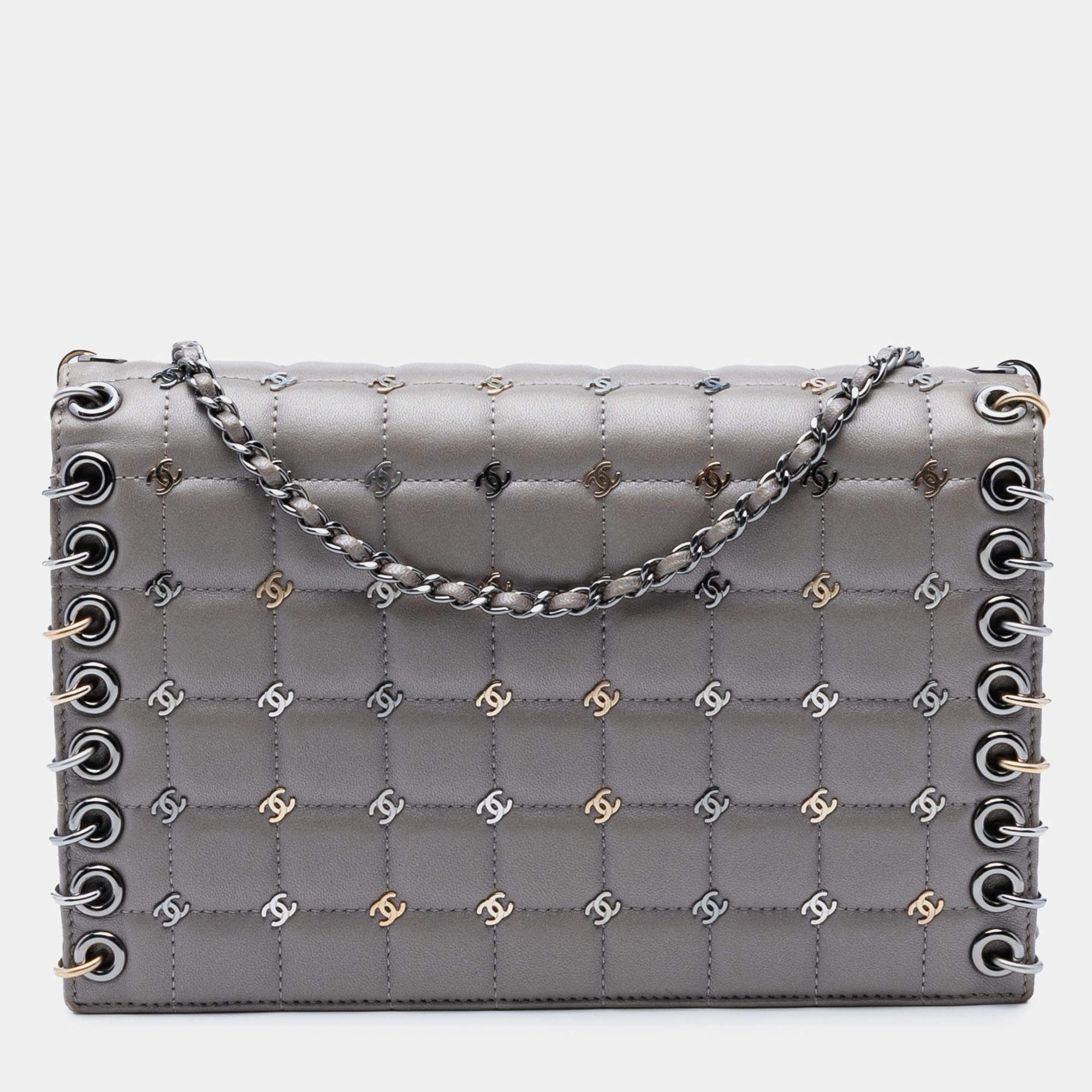 Pre Owned Chanel Grey Small Lambskin Chocolate Bar CC Piercing Studded Chain Flap
