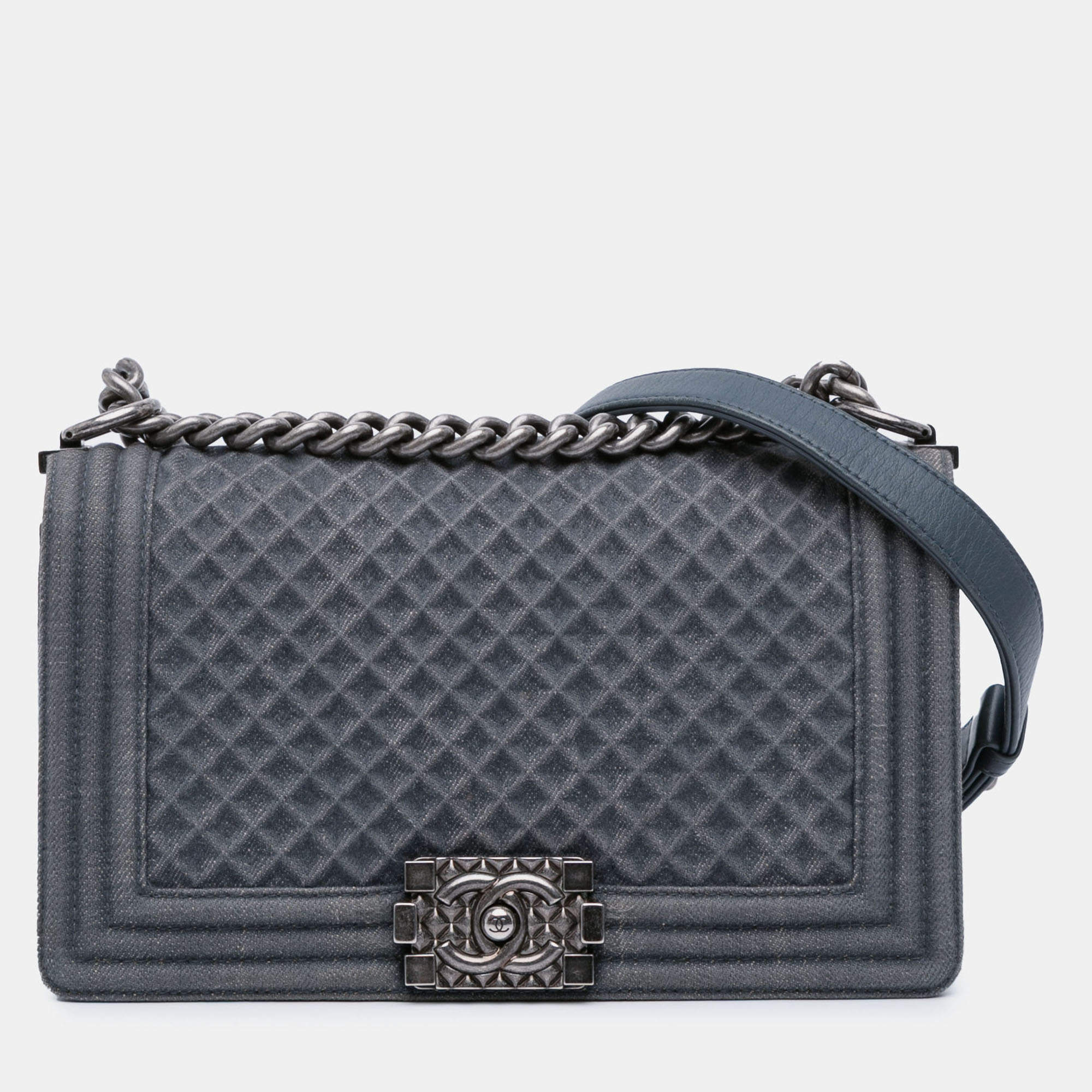 Pre Owned Chanel Blue Medium Embossed Denim Boy Flap